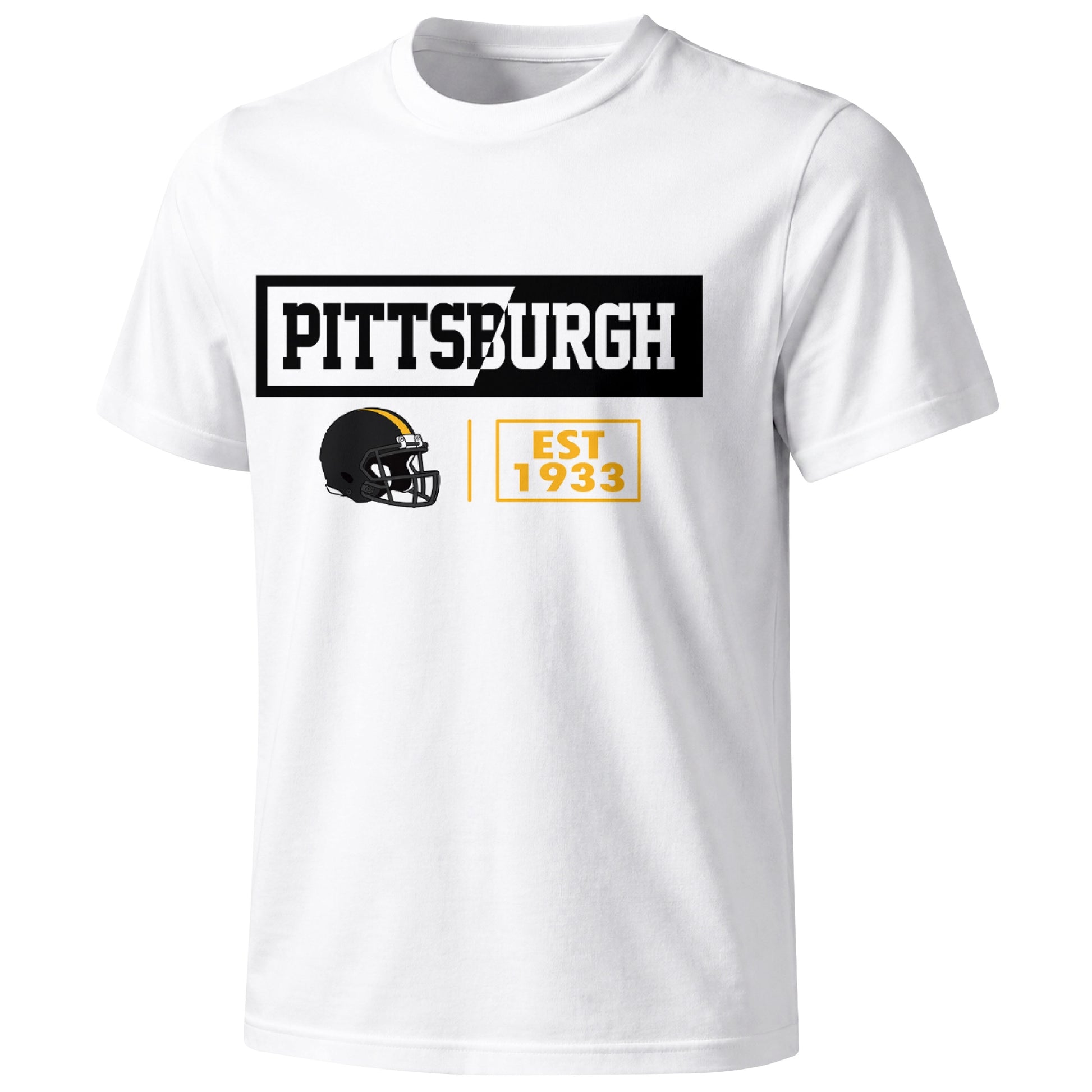 Pittsburgh football badge T shirt in White showing the front city and football helmet design