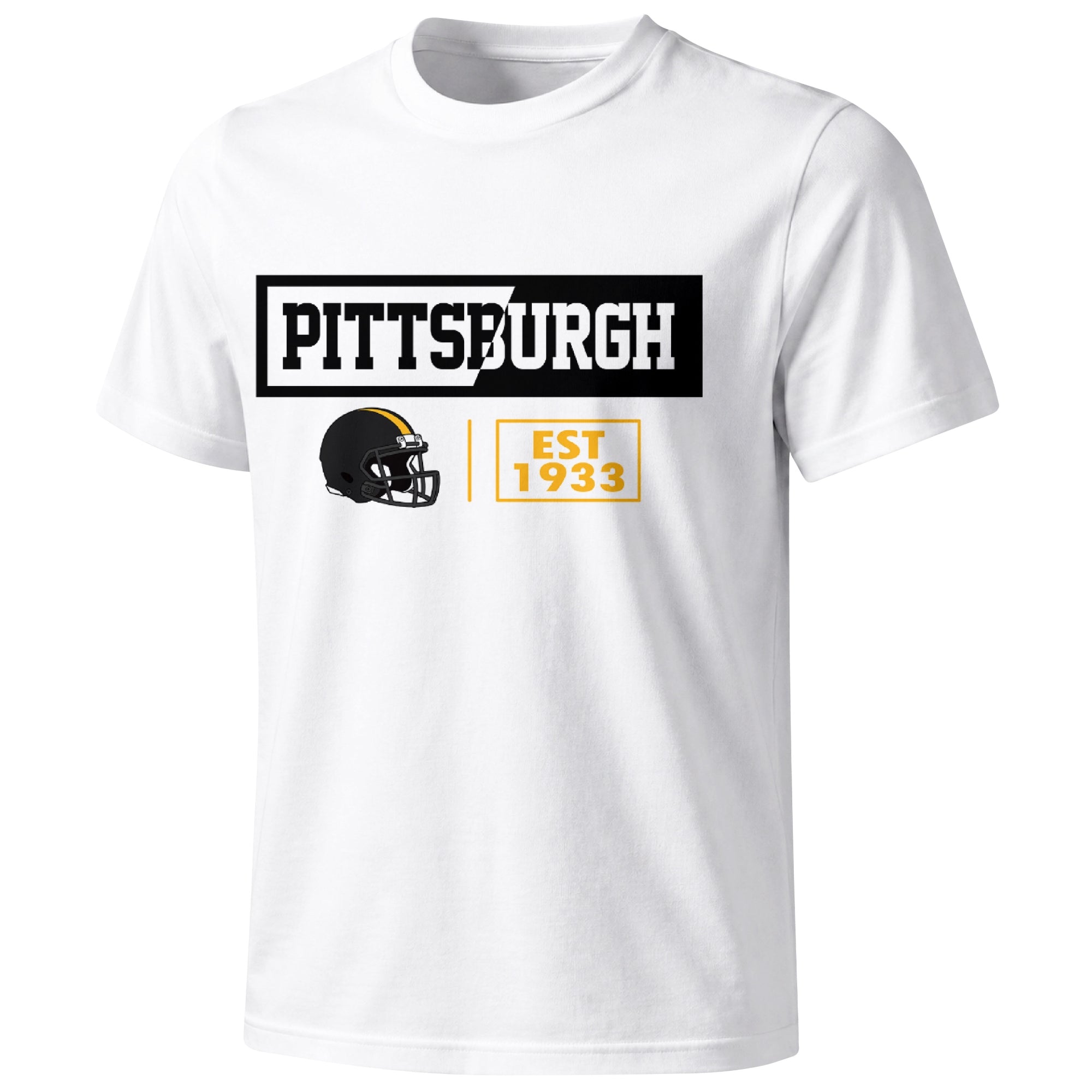 Pittsburgh football badge T shirt in White showing the front city and football helmet design