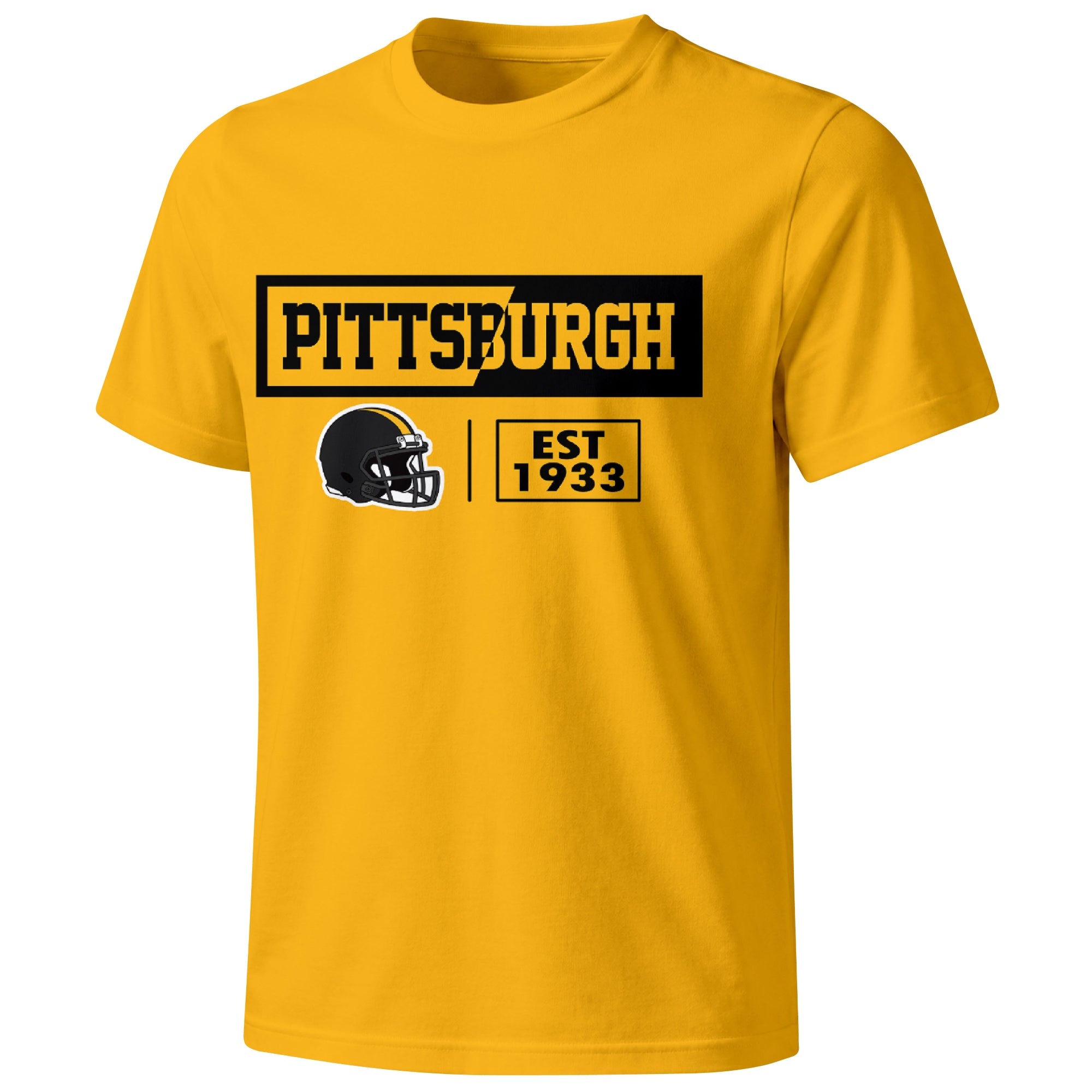 Pittsburgh football badge T shirt in Gold showing the front city and football helmet design