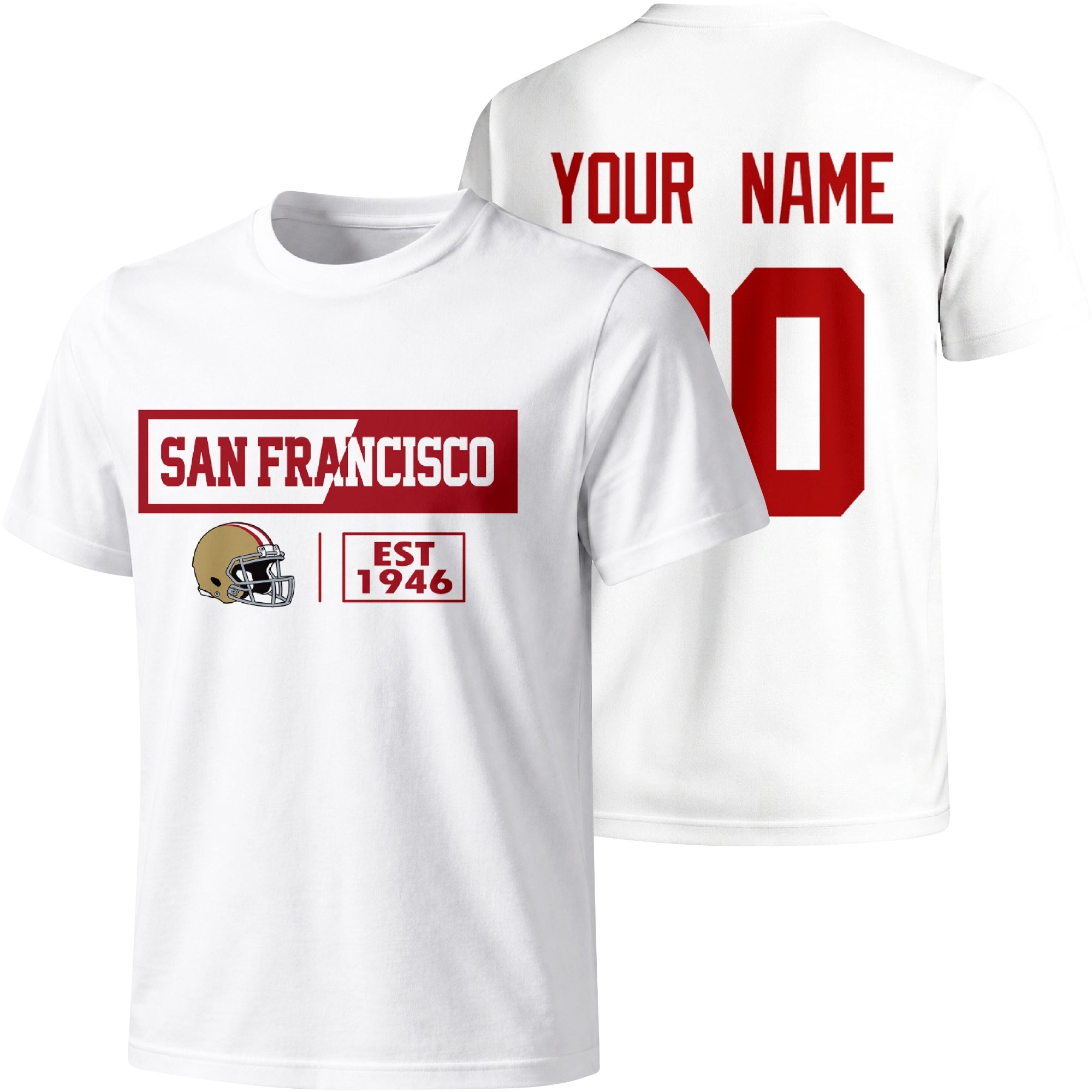 San Francisco personalized football badge T shirt in White showing front city helmet design and back custom name and number