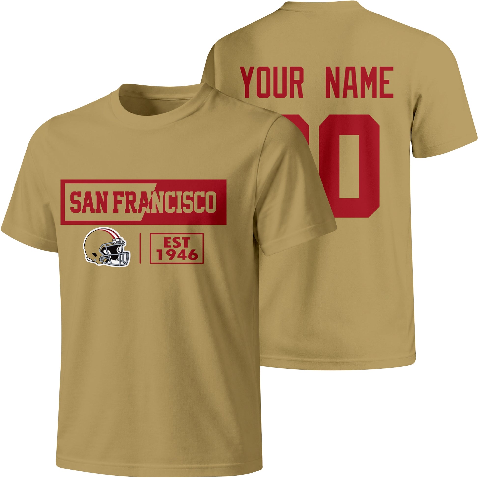 San Francisco personalized football badge T shirt in Gold showing front city helmet design and back custom name and number