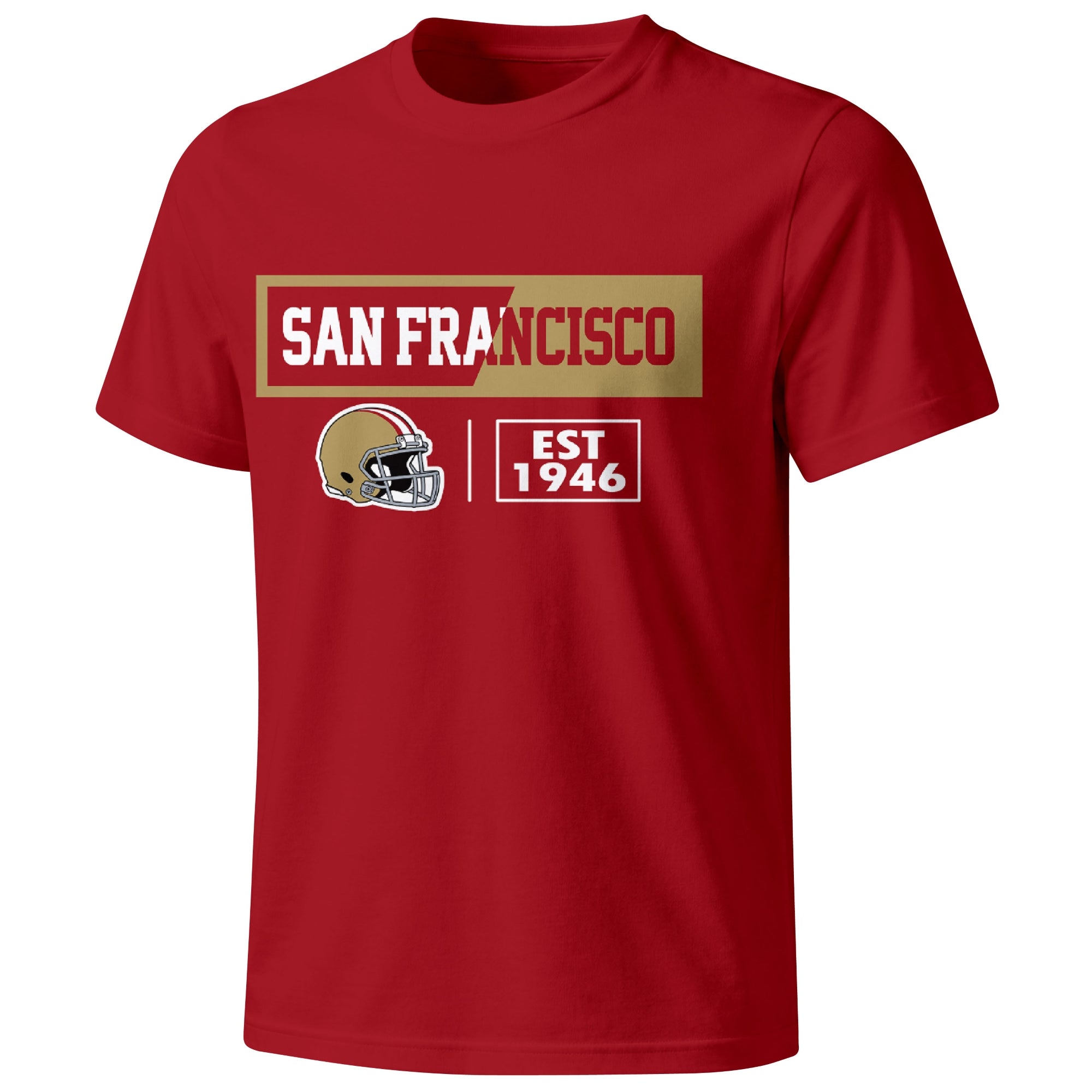 San Francisco football badge T shirt in Scarlet showing the front city and football helmet design