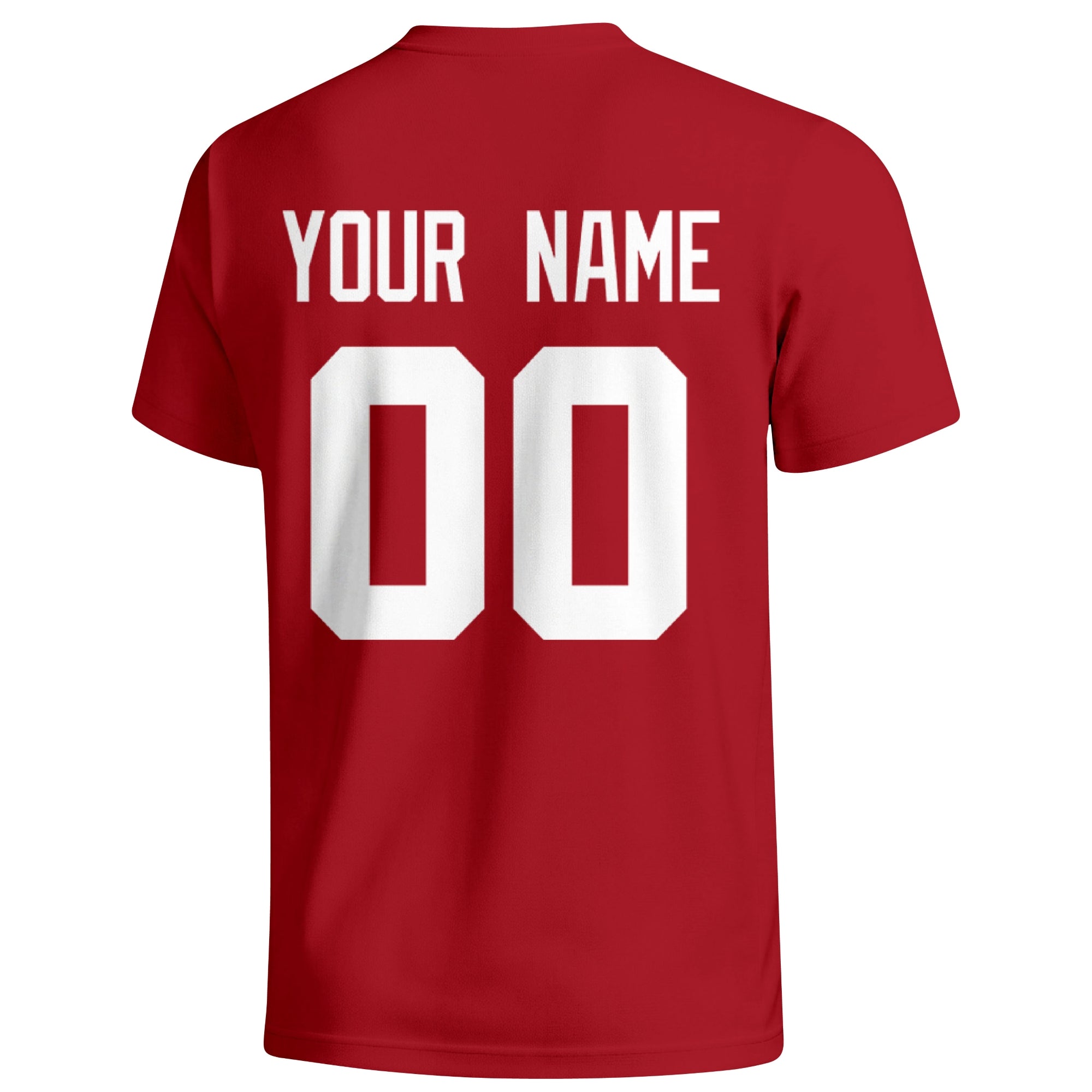 San Francisco personalized football badge T shirt in Scarlet showing the back custom name and number
