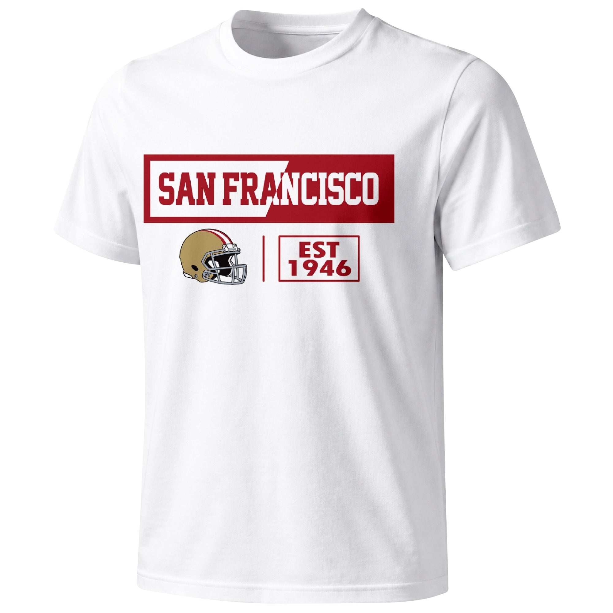 San Francisco football badge T shirt in White showing the front city and football helmet design