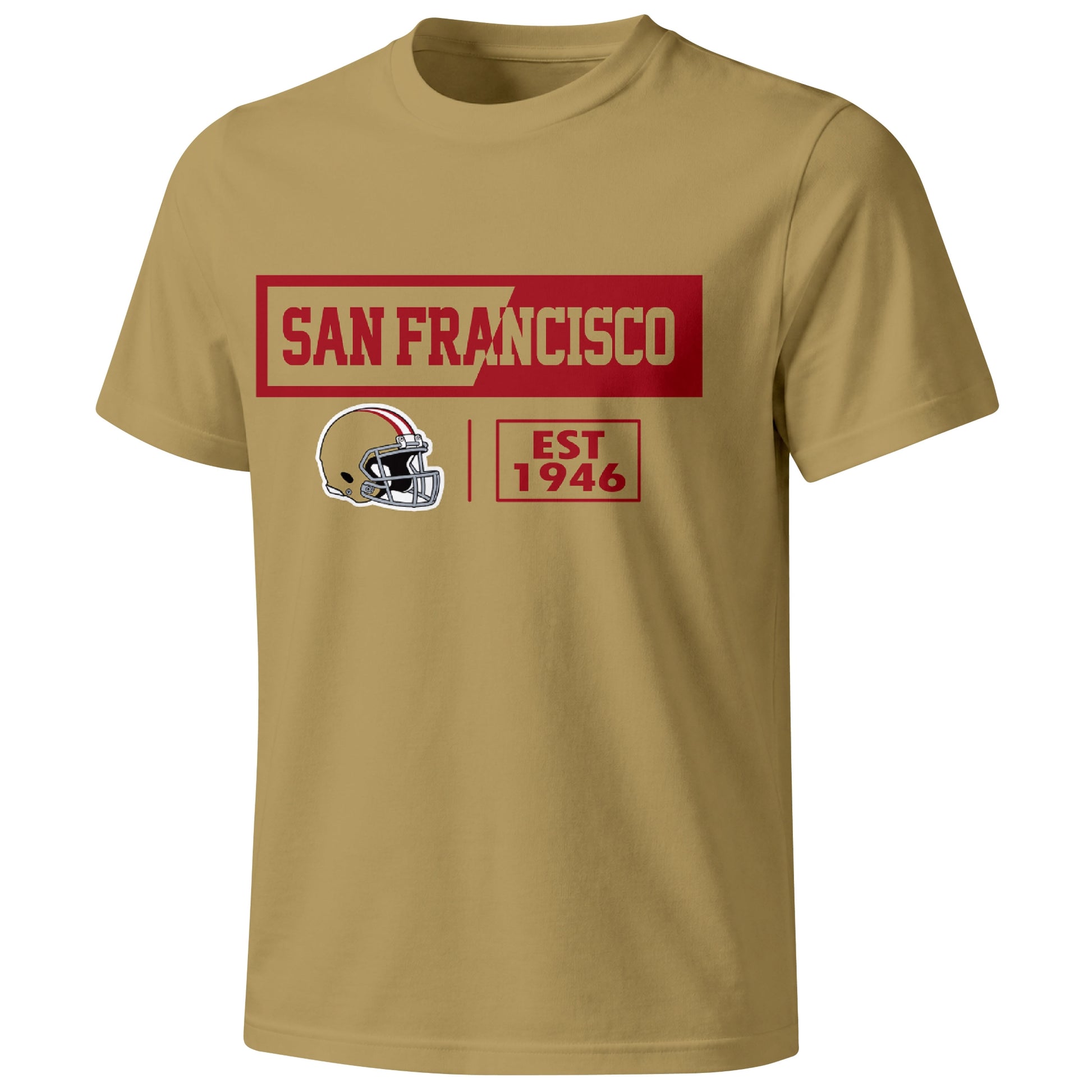San Francisco football badge T shirt in Gold showing the front city and football helmet design