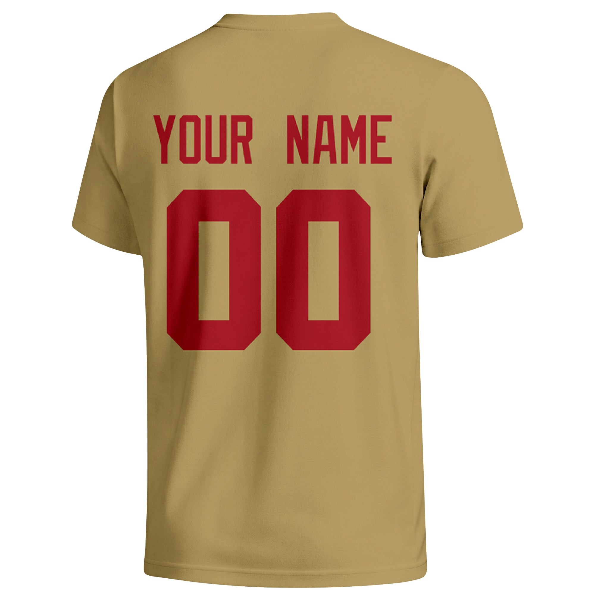 San Francisco personalized football badge T shirt in Gold showing the back custom name and number