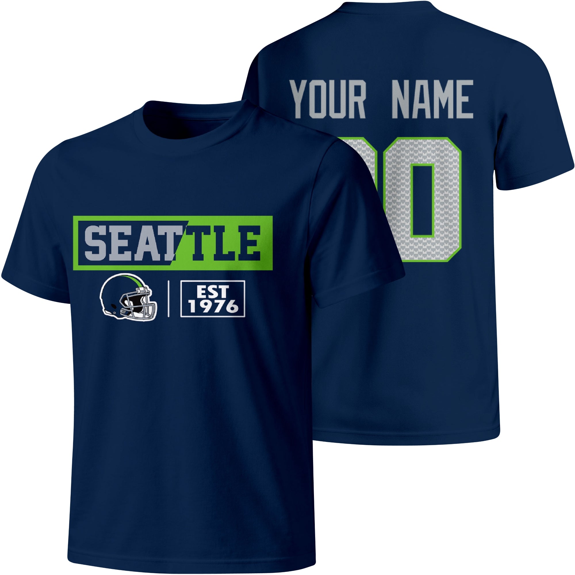 Seattle personalized football badge T shirt in Navy showing front city helmet design and back custom name and number