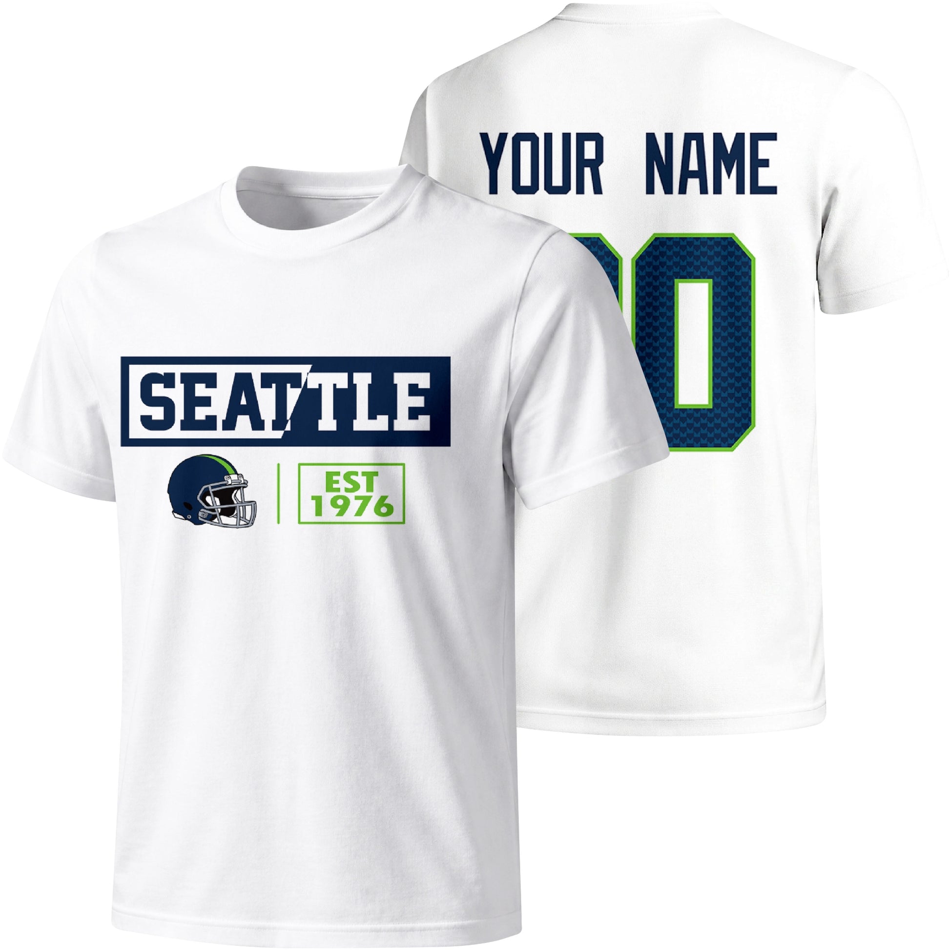 Seattle personalized football badge T shirt in White showing front city helmet design and back custom name and number