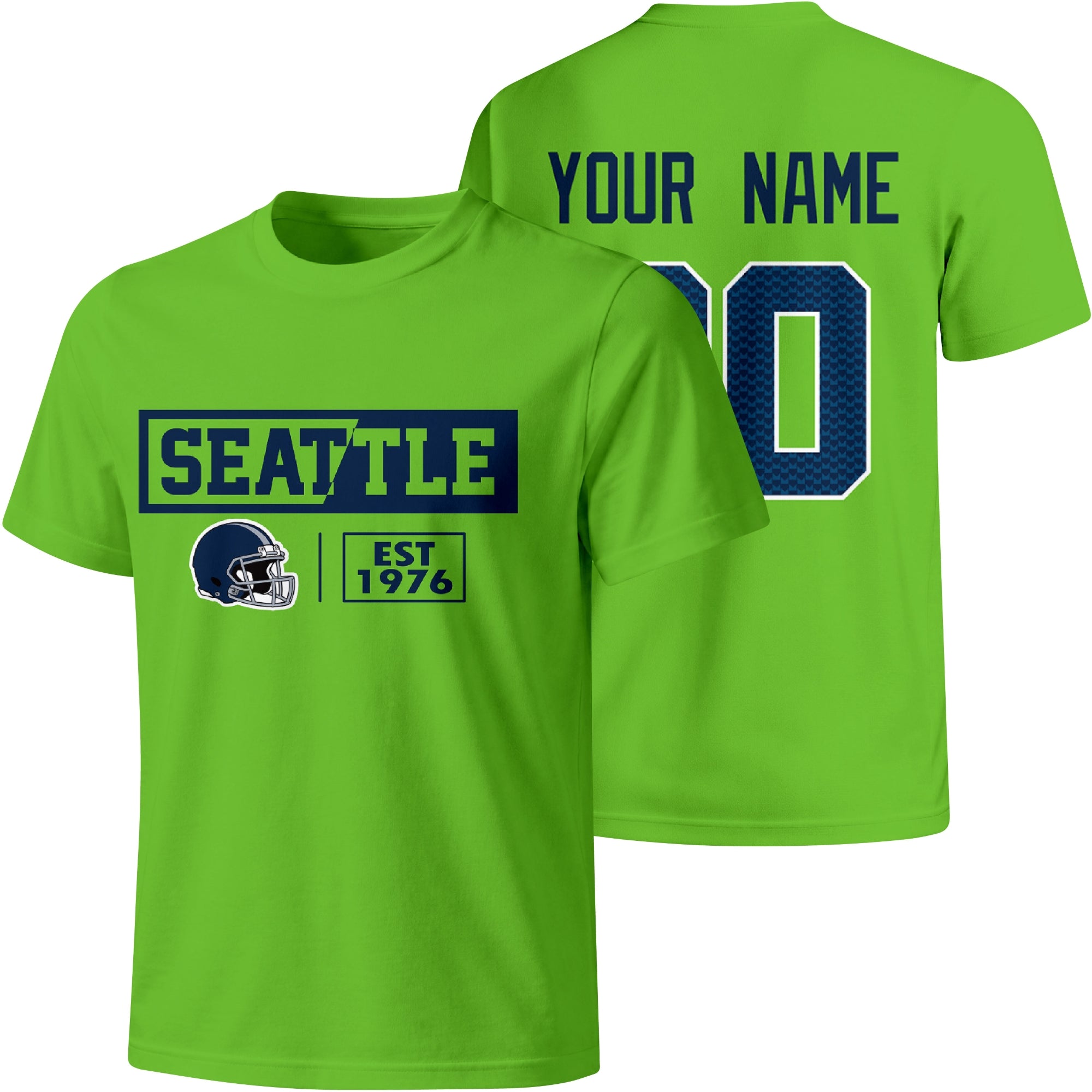 Seattle personalized football badge T shirt in Neon Green showing front city helmet design and back custom name and number