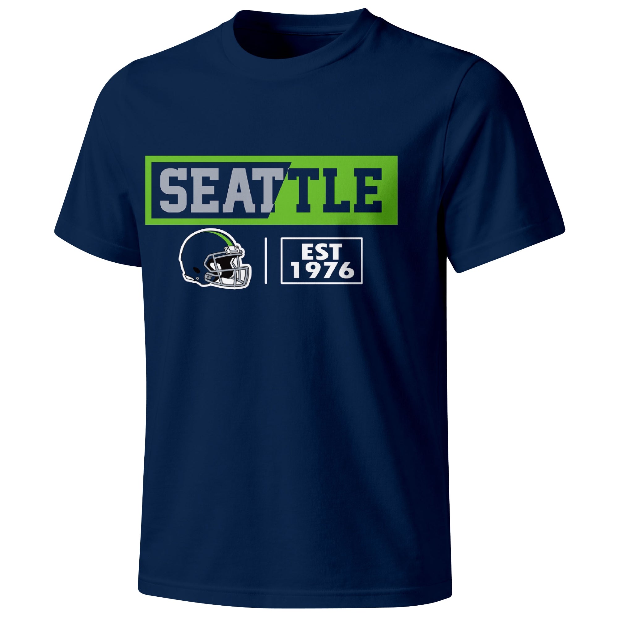 Seattle football badge T shirt in Navy showing the front city and football helmet design