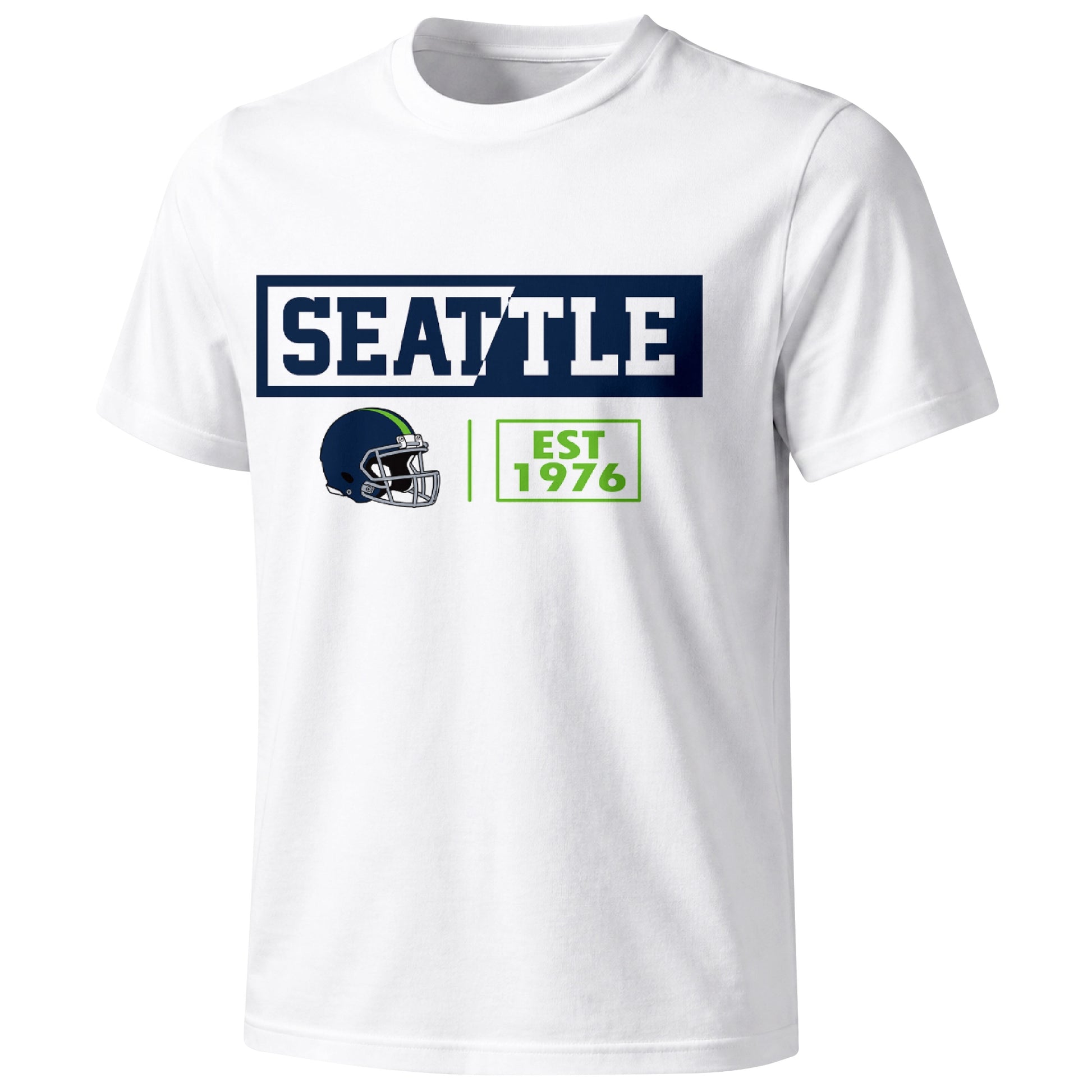 Seattle football badge T shirt in White showing the front city and football helmet design