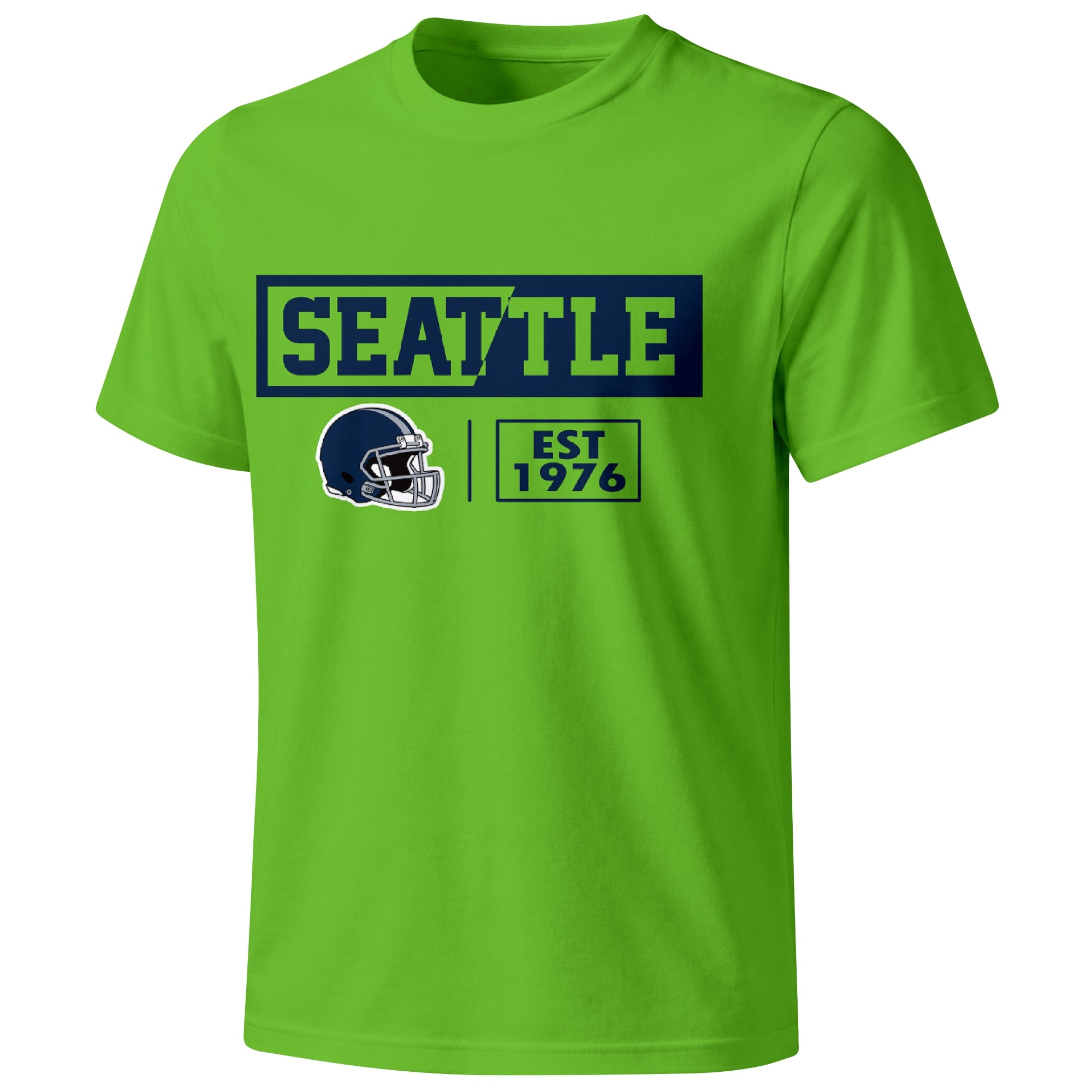 Seattle football badge T shirt in Neon Green showing the front city and football helmet design
