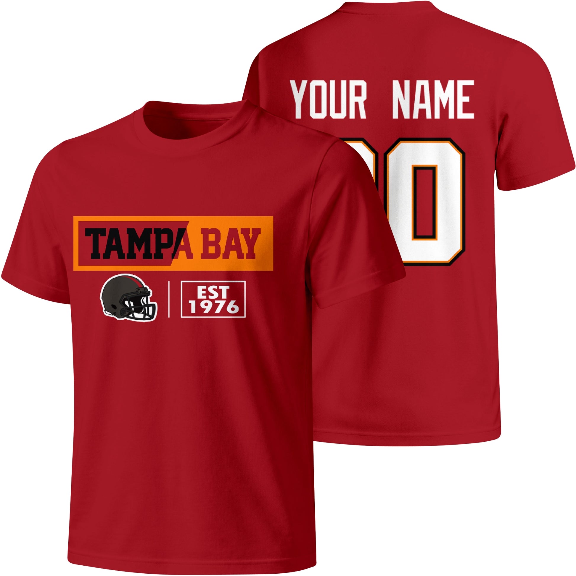 Tampa Bay personalized football badge T shirt in Red showing front city helmet design and back custom name and number