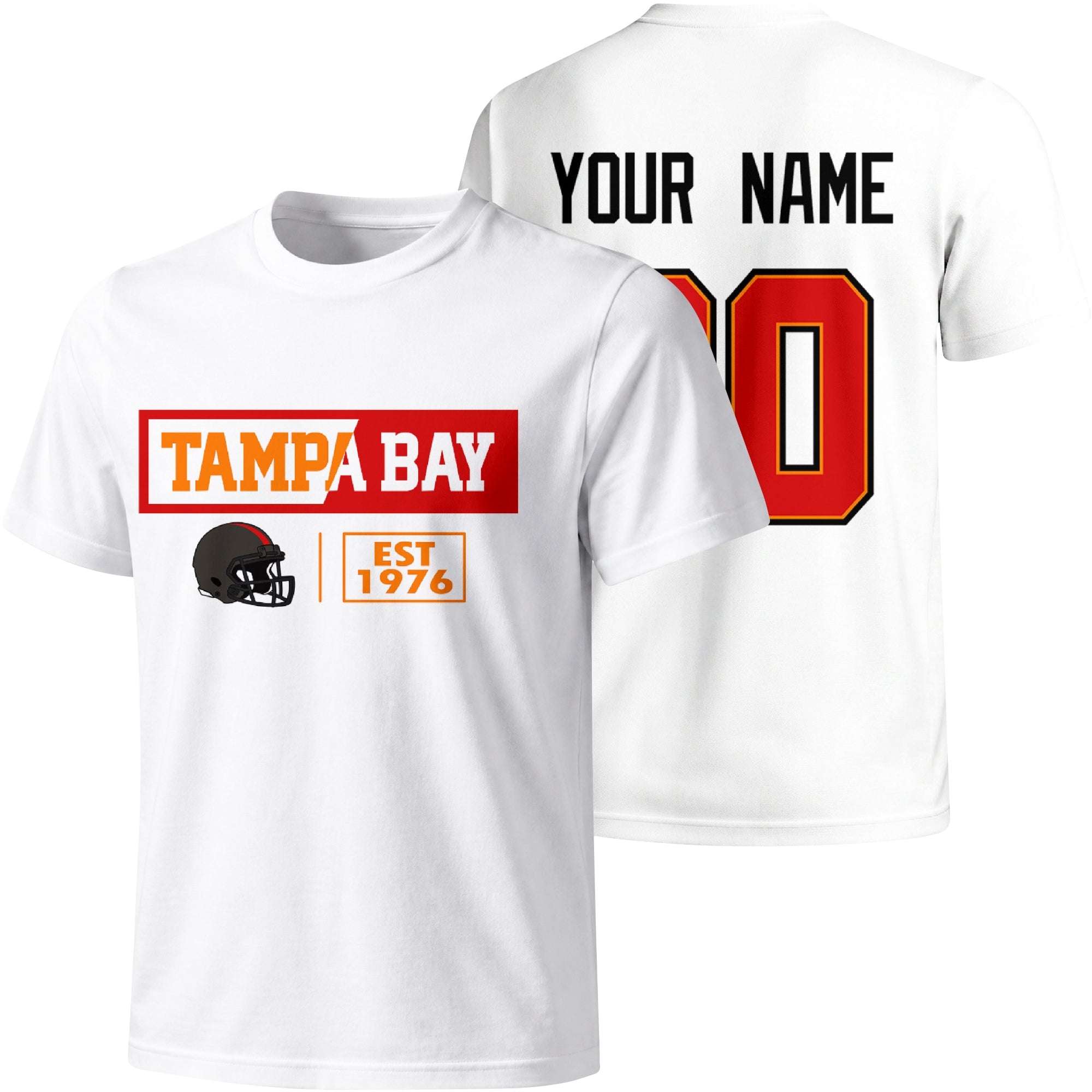 Tampa Bay personalized football badge T shirt in White showing front city helmet design and back custom name and number
