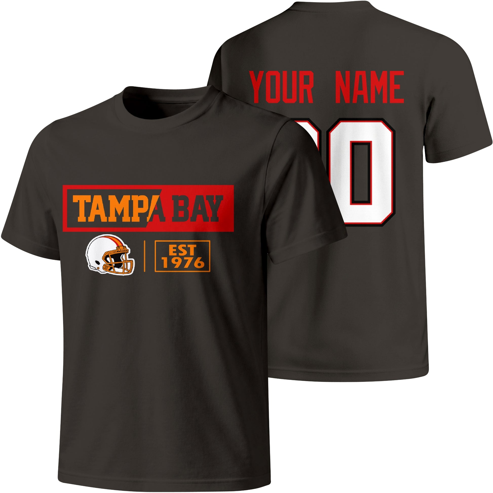 Tampa Bay personalized football badge T shirt in Black showing front city helmet design and back custom name and number