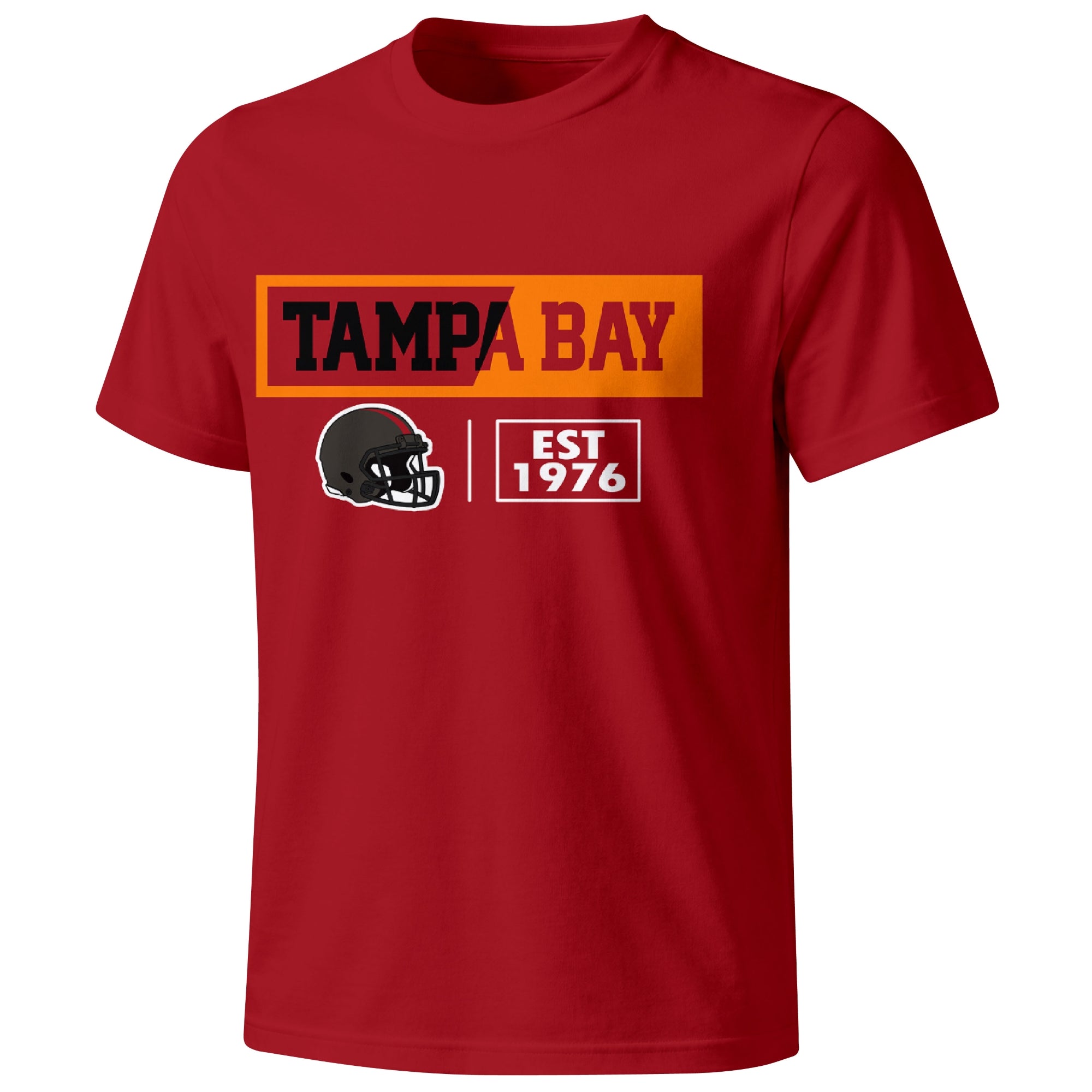 Tampa Bay football badge T shirt in Red showing the front city and football helmet design
