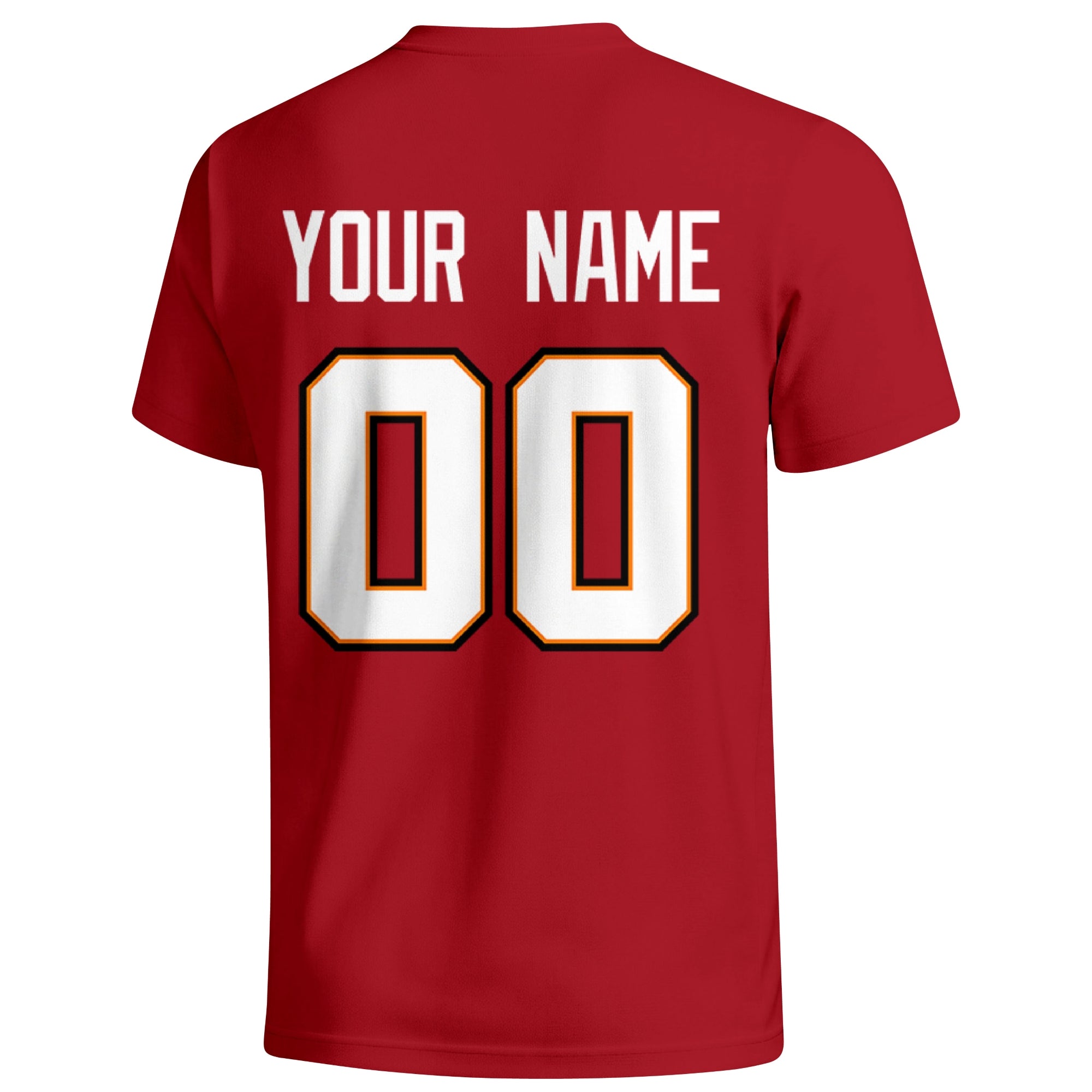 Tampa Bay personalized football badge T shirt in Red showing the back custom name and number