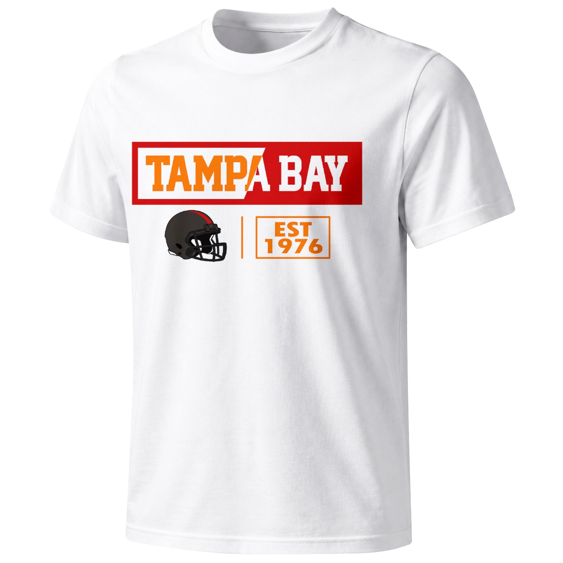 Tampa Bay football badge T shirt in White showing the front city and football helmet design