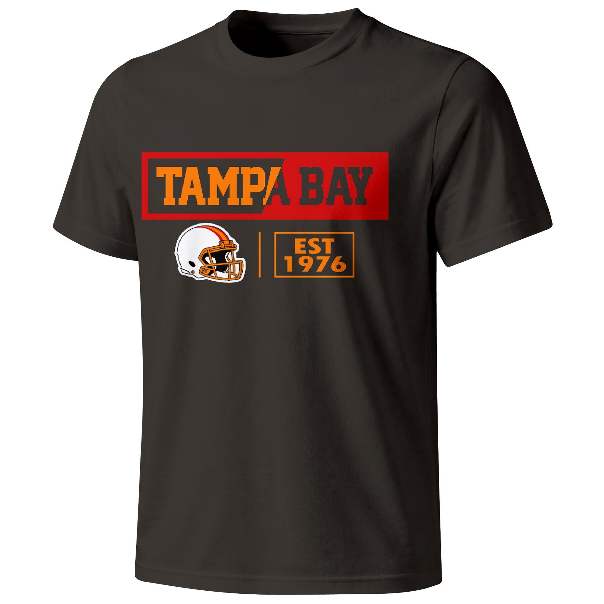 Tampa Bay football badge T shirt in Black showing the front city and football helmet design