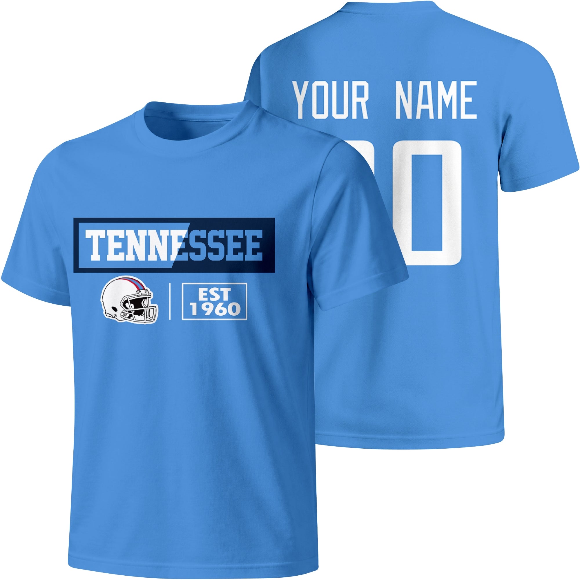 Tennessee personalized football badge T shirt in Navy showing front city helmet design and back custom name and number