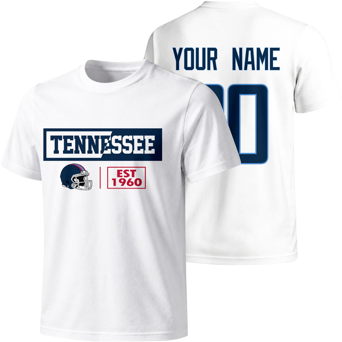 Tennessee personalized football badge T shirt in Navy showing front city helmet design and back custom name and number