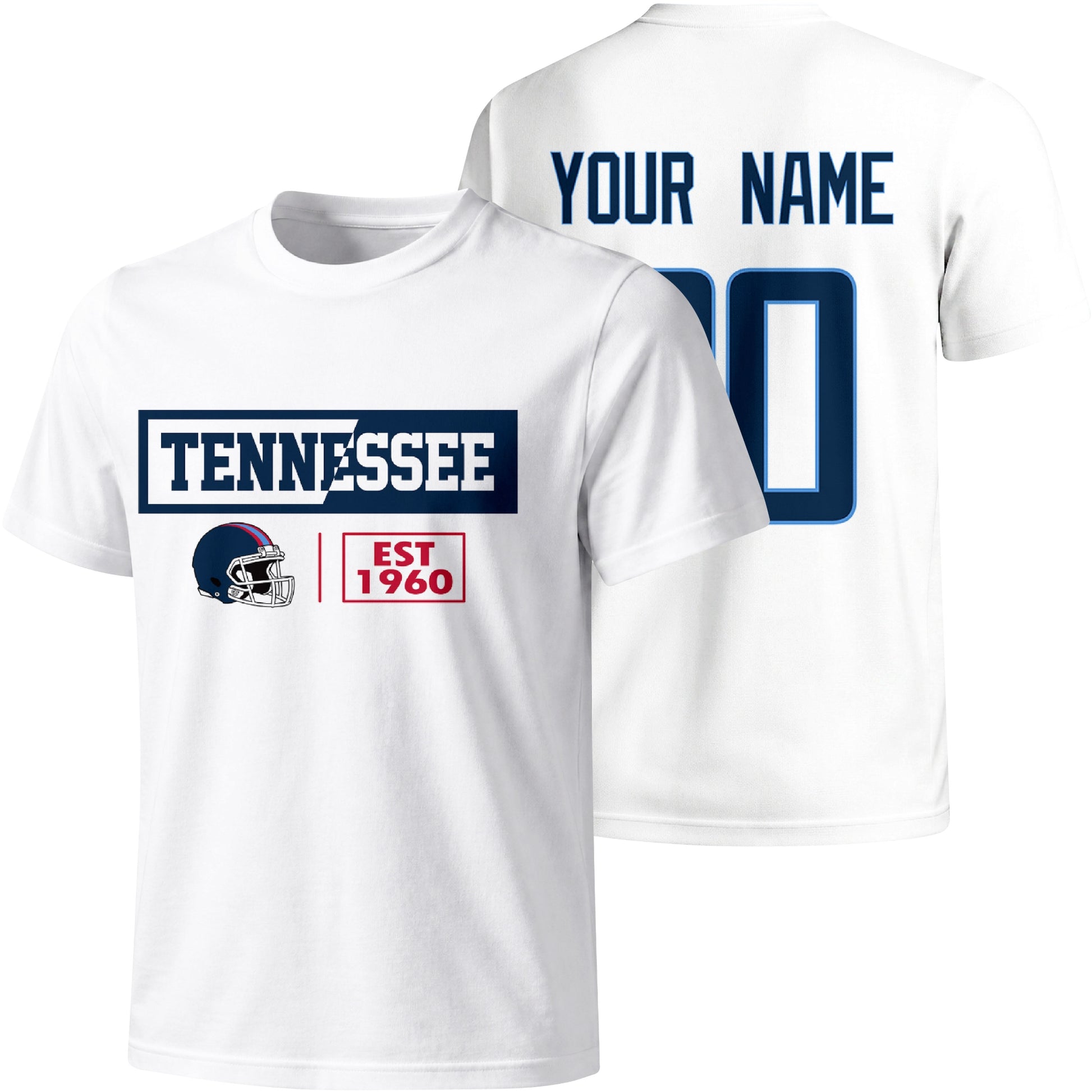 Tennessee personalized football badge T shirt in White showing front city helmet design and back custom name and number