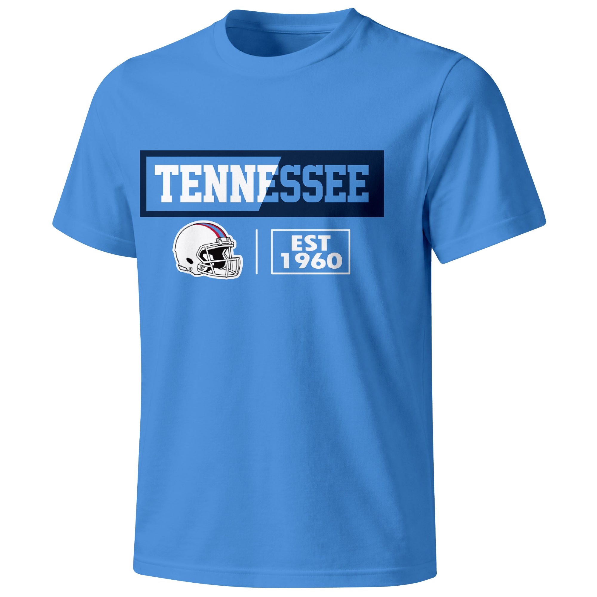 Tennessee football badge T shirt in Navy showing the front city and football helmet design