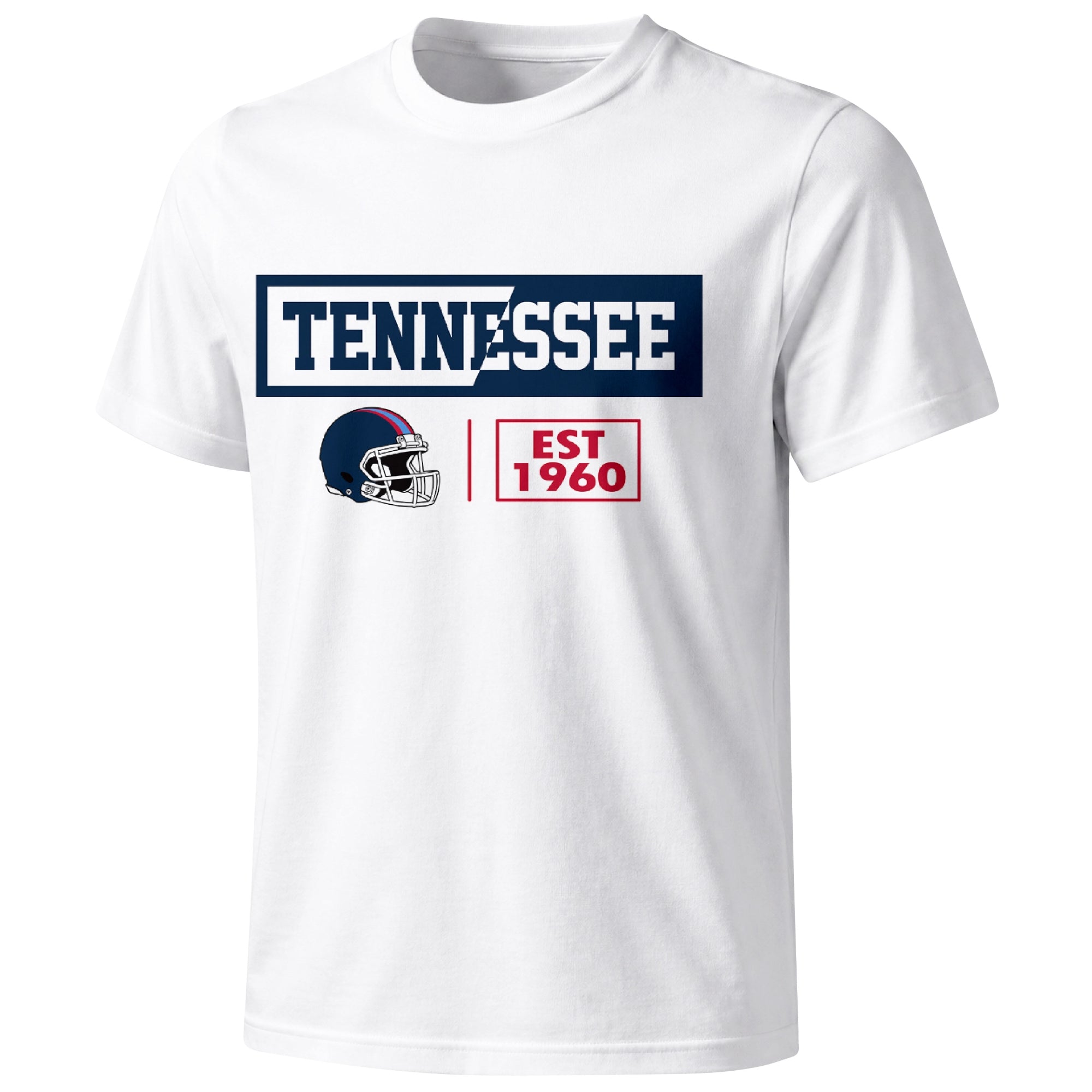 Tennessee football badge T shirt in White showing the front city and football helmet design