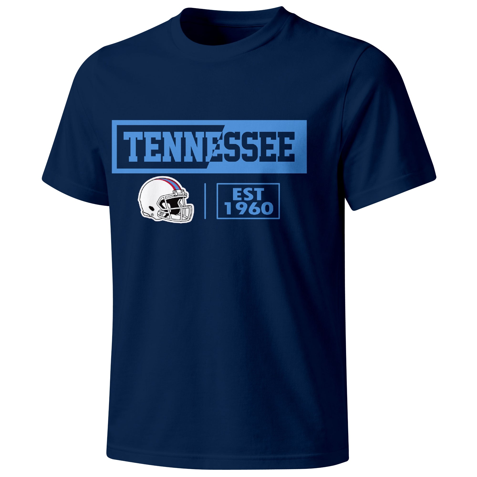 Tennessee football badge T shirt in Light Blue showing the front city and football helmet design