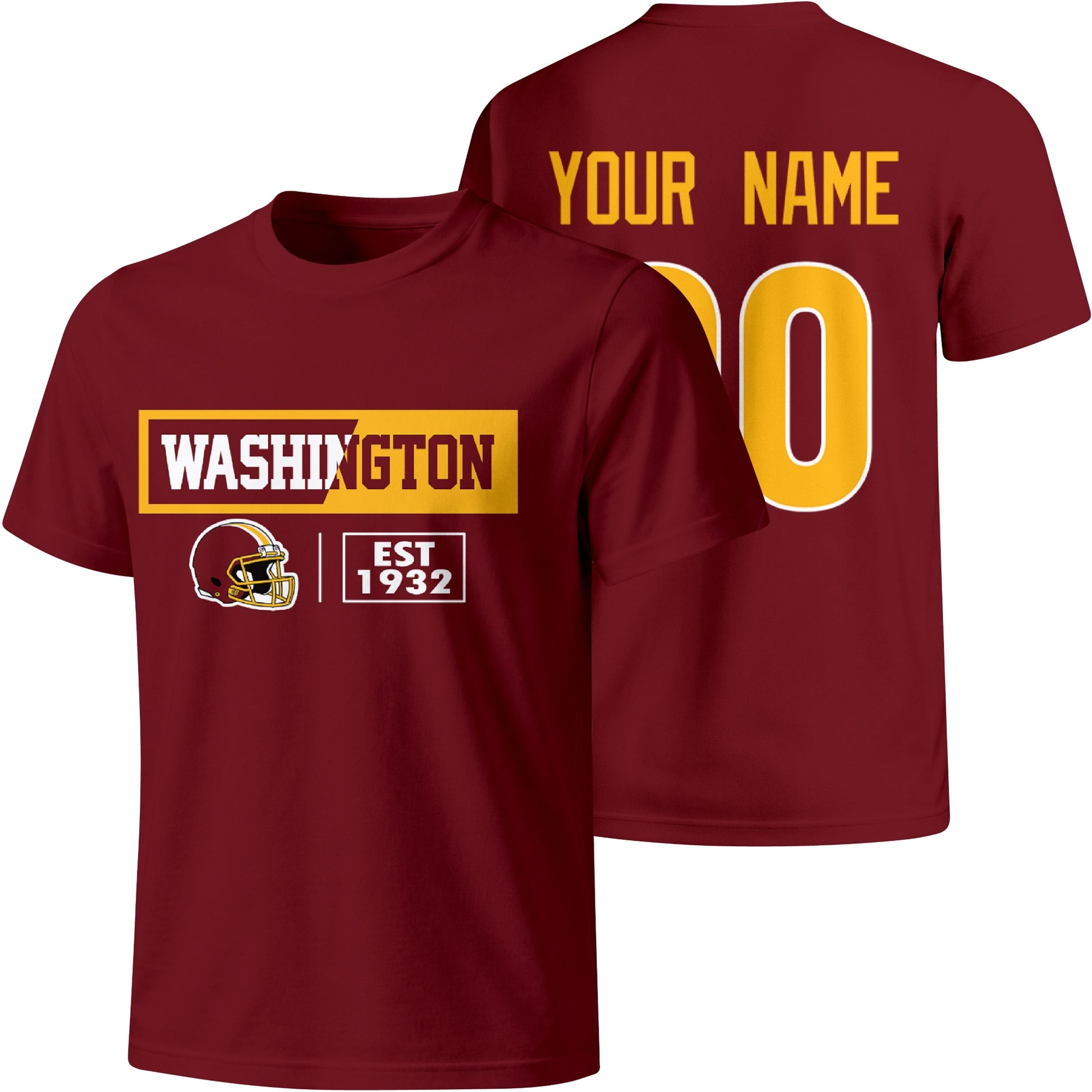 Washington personalized football badge T shirt in Burgundy showing front city helmet design and back custom name and number