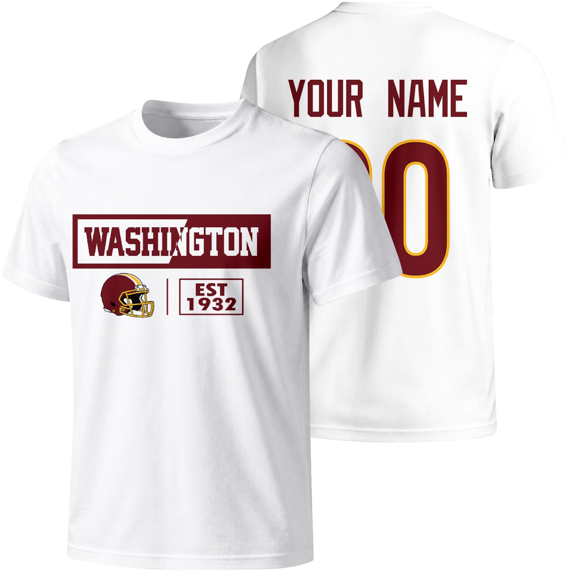 Washington personalized football badge T shirt in White showing front city helmet design and back custom name and number