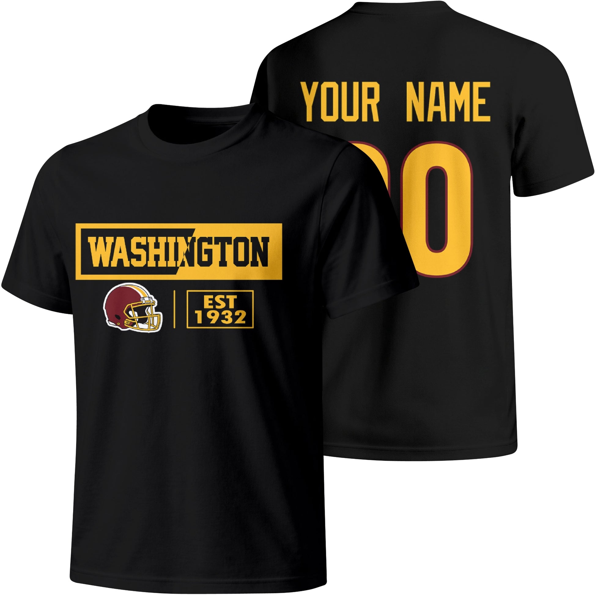 Washington personalized football badge T shirt in Black showing front city helmet design and back custom name and number