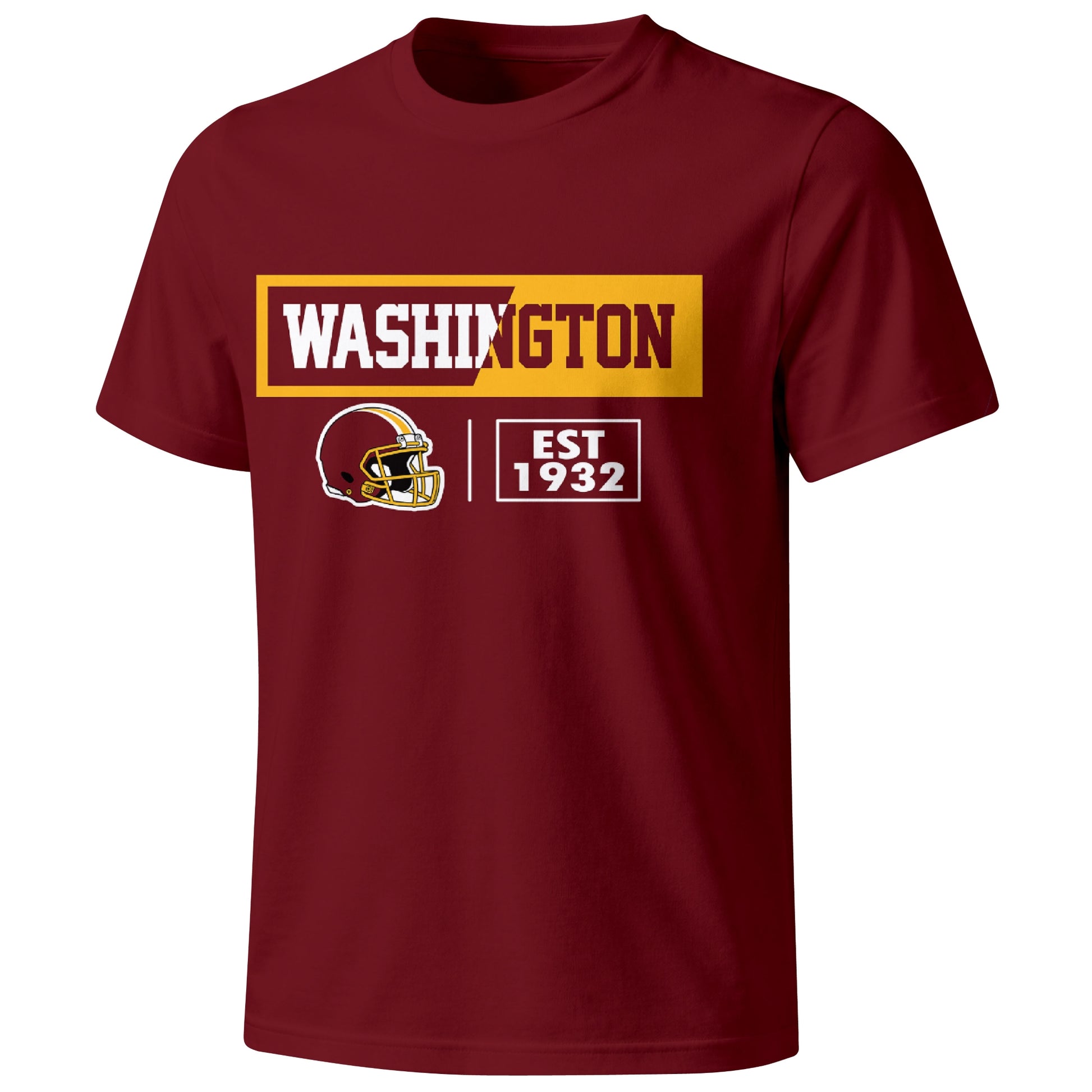 Washington football badge T shirt in Burgundy showing the front city and football helmet design