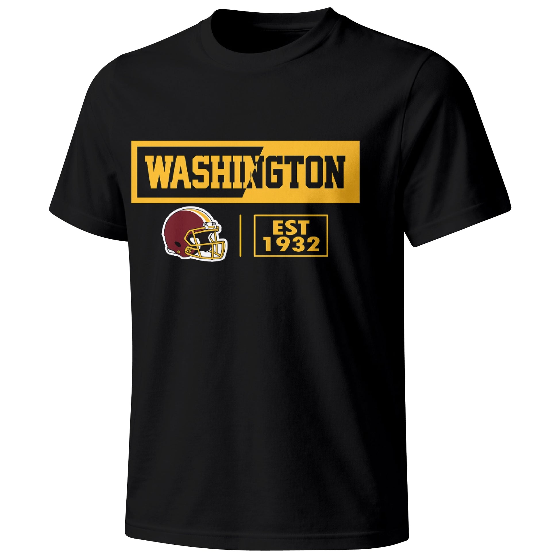 Washington football badge T shirt in Black showing the front city and football helmet design
