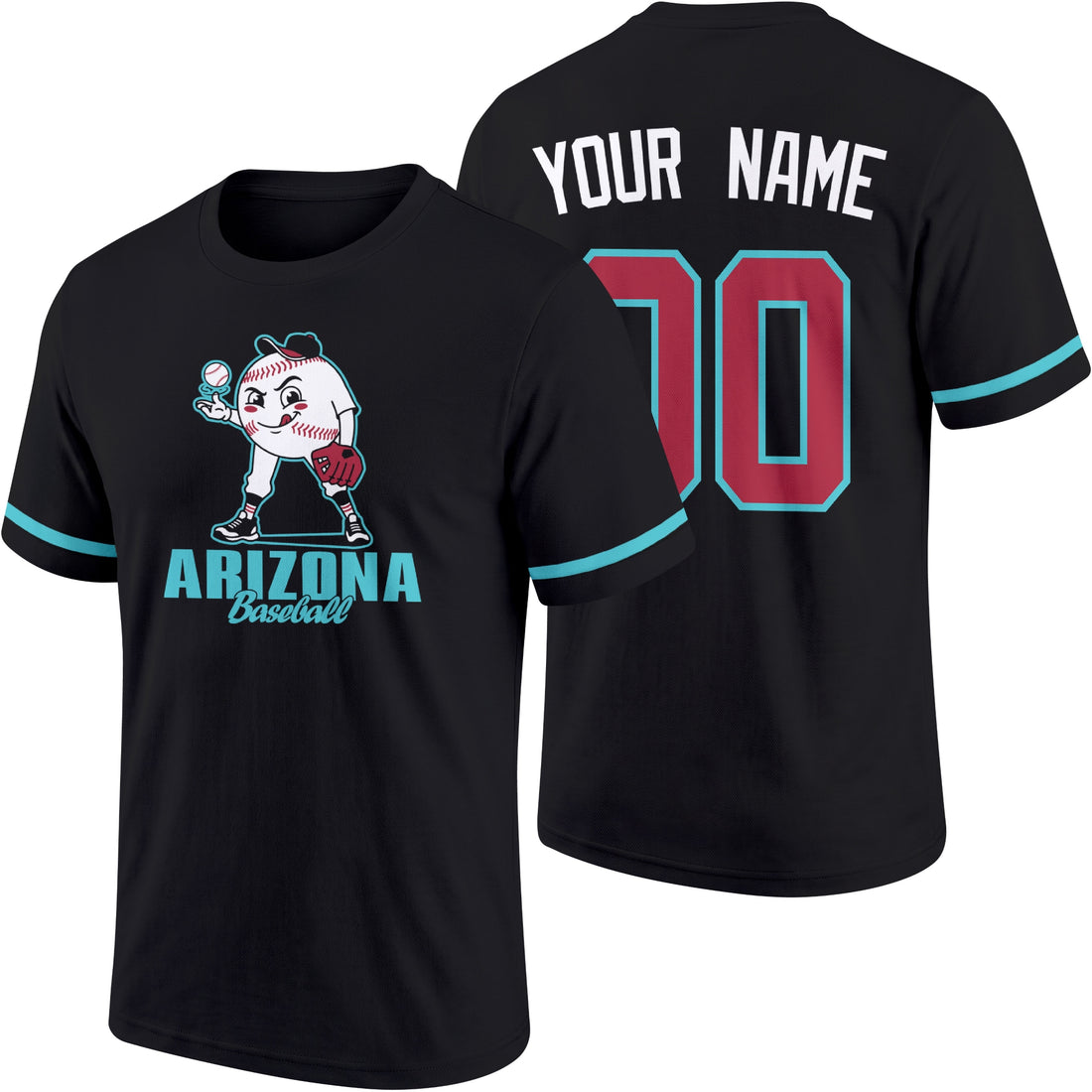 Arizona personalized adult baseball character T shirt in Black showing front and back with striped sleeves custom name and number