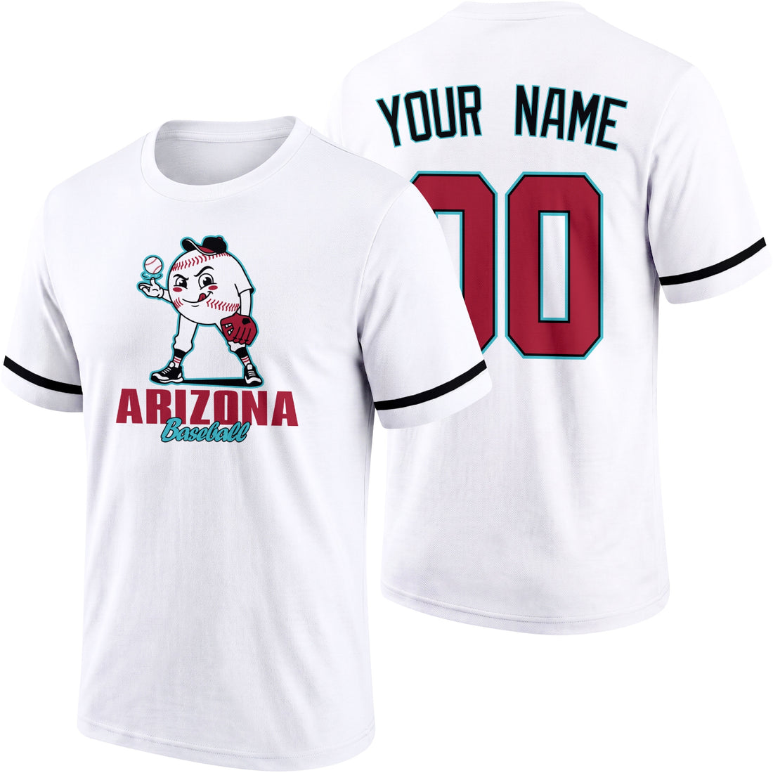 Arizona personalized adult baseball character T shirt in Black showing front and back with striped sleeves custom name and number