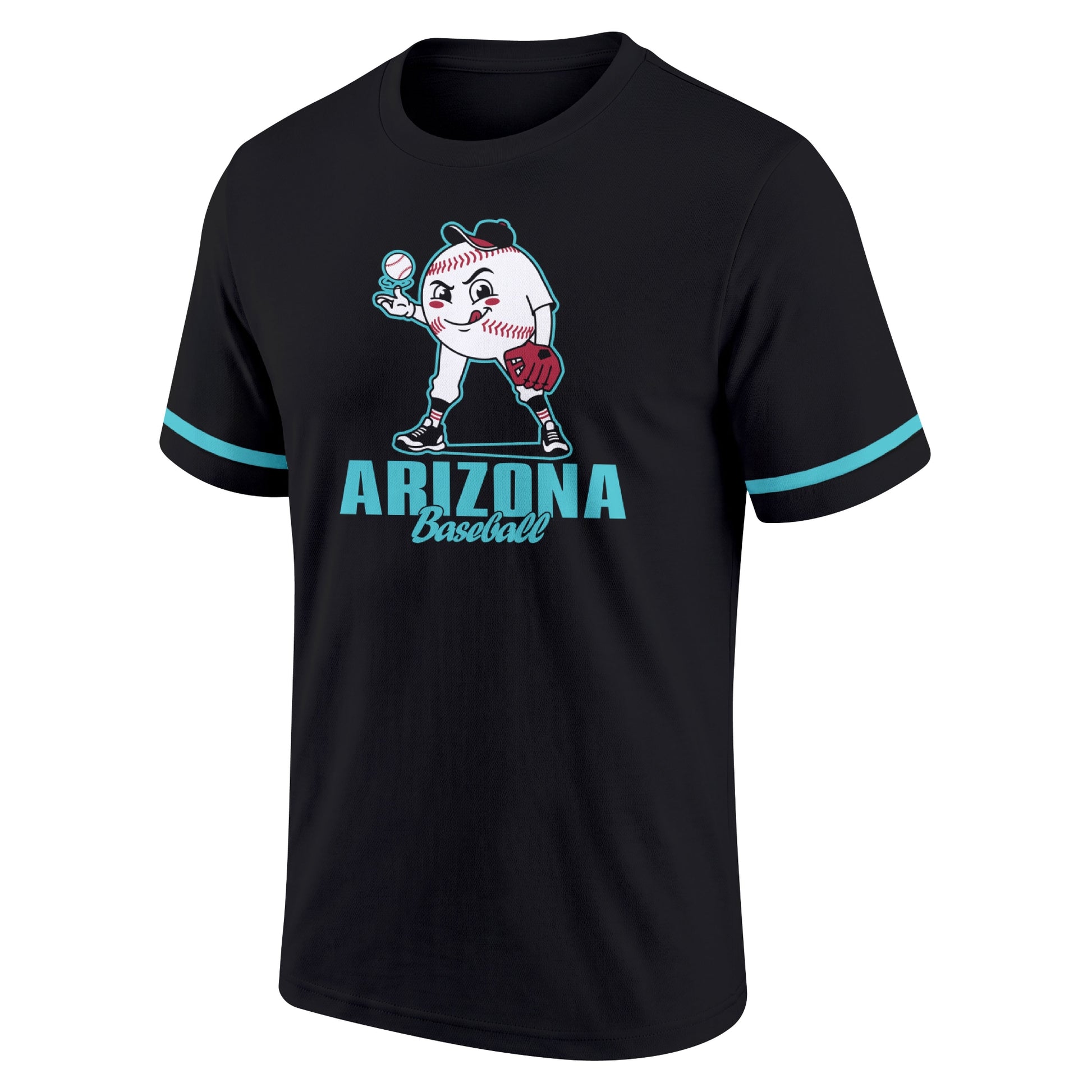Arizona Black adult baseball T shirt front view with playful baseball character city lettering and striped sleeve accents