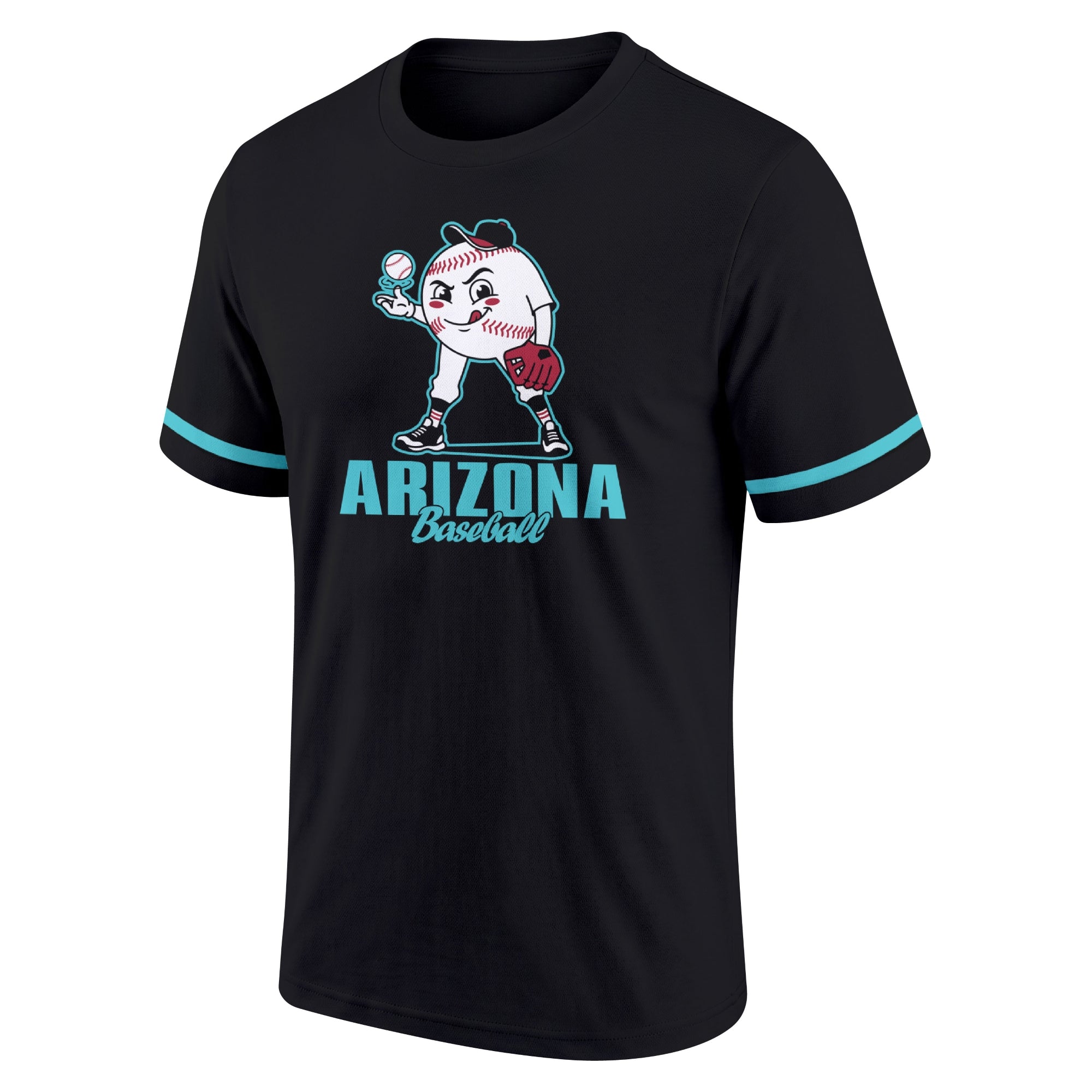 Arizona Black adult baseball T shirt front view with playful baseball character city lettering and striped sleeve accents