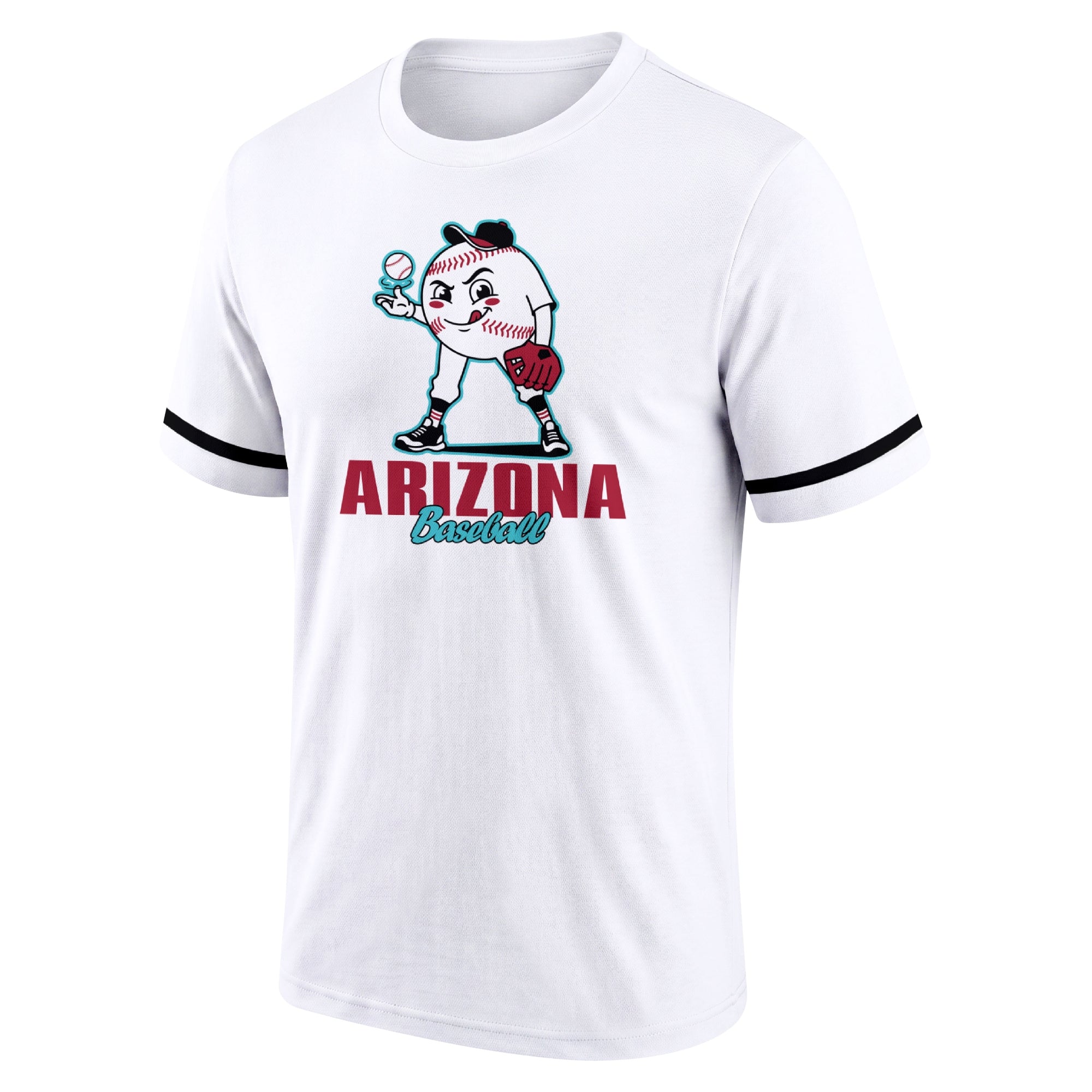 Arizona White adult baseball T shirt front view with playful baseball character city lettering and striped sleeve accents