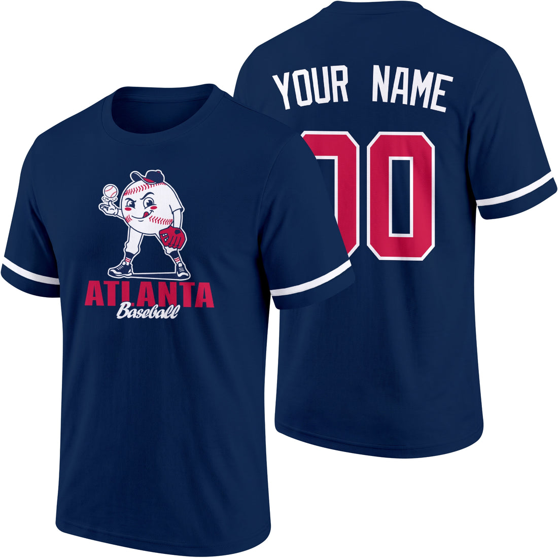 Atlanta personalized adult baseball character T shirt in Navy showing front and back with striped sleeves custom name and number