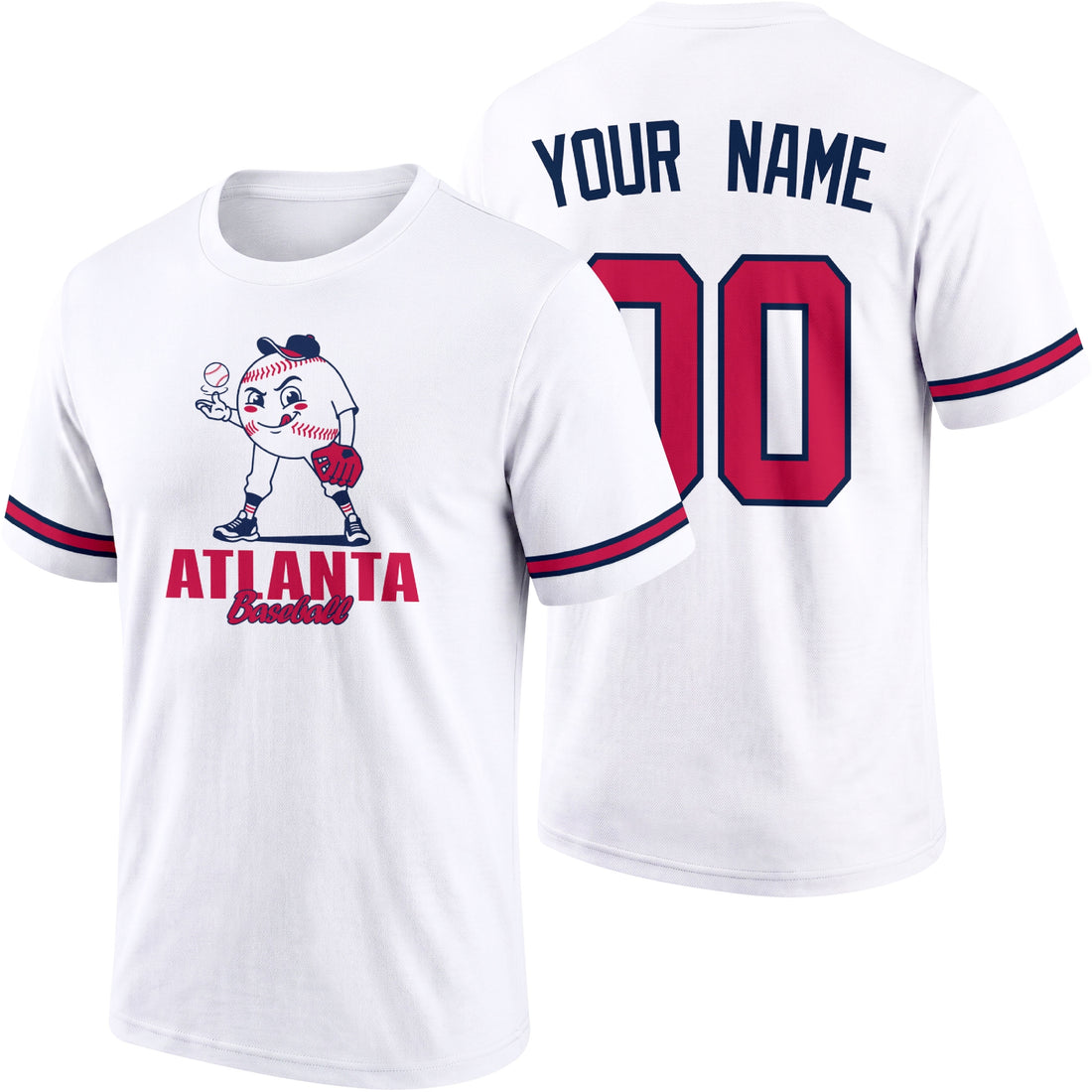 Atlanta personalized adult baseball character T shirt in Navy showing front and back with striped sleeves custom name and number