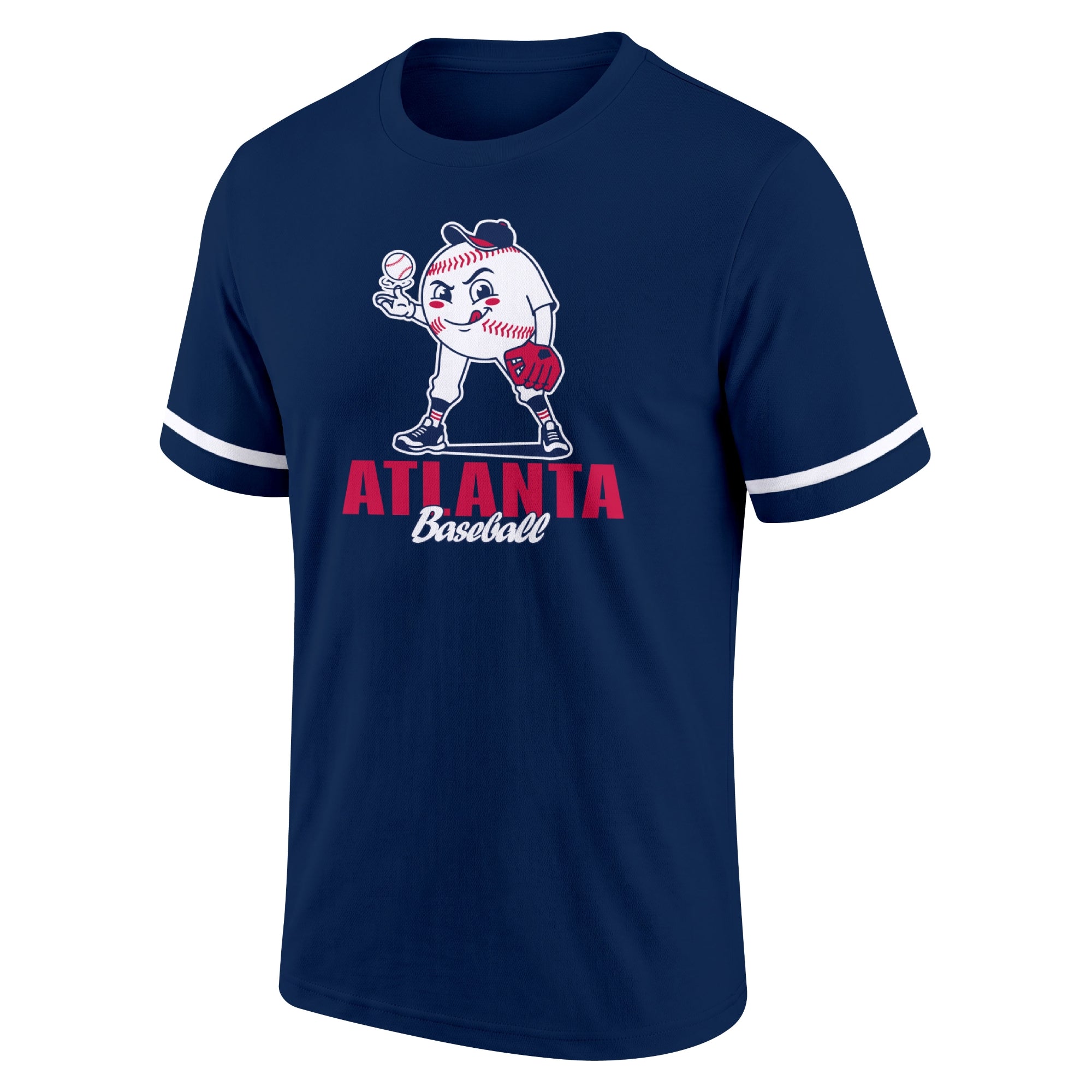 Atlanta Navy adult baseball T shirt front view with playful baseball character city lettering and striped sleeve accents