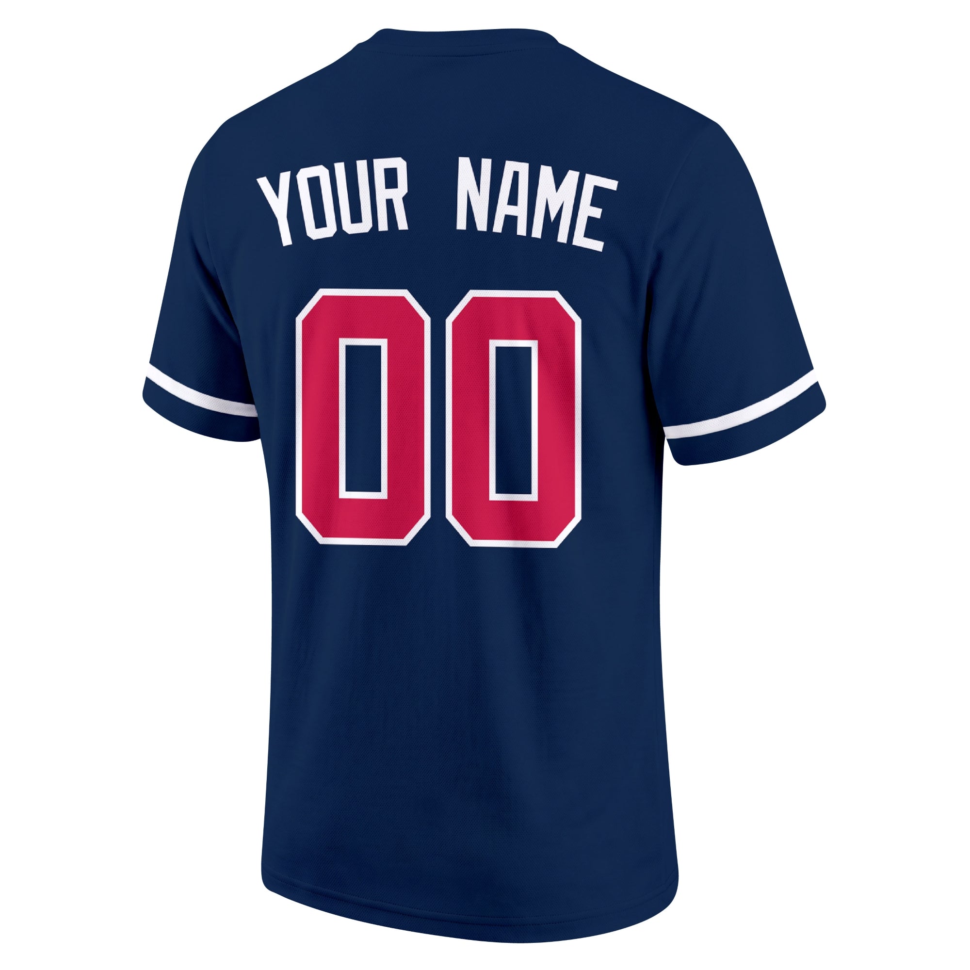 Atlanta Navy adult baseball T shirt back view with customizable name and large jersey style number