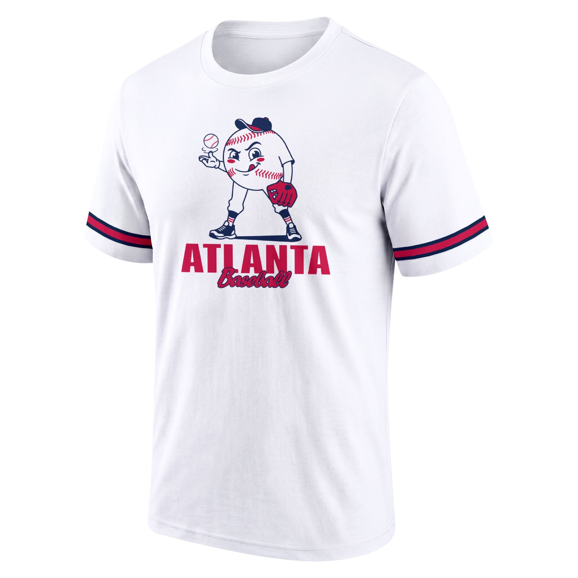Atlanta White adult baseball T shirt front view with playful baseball character city lettering and striped sleeve accents