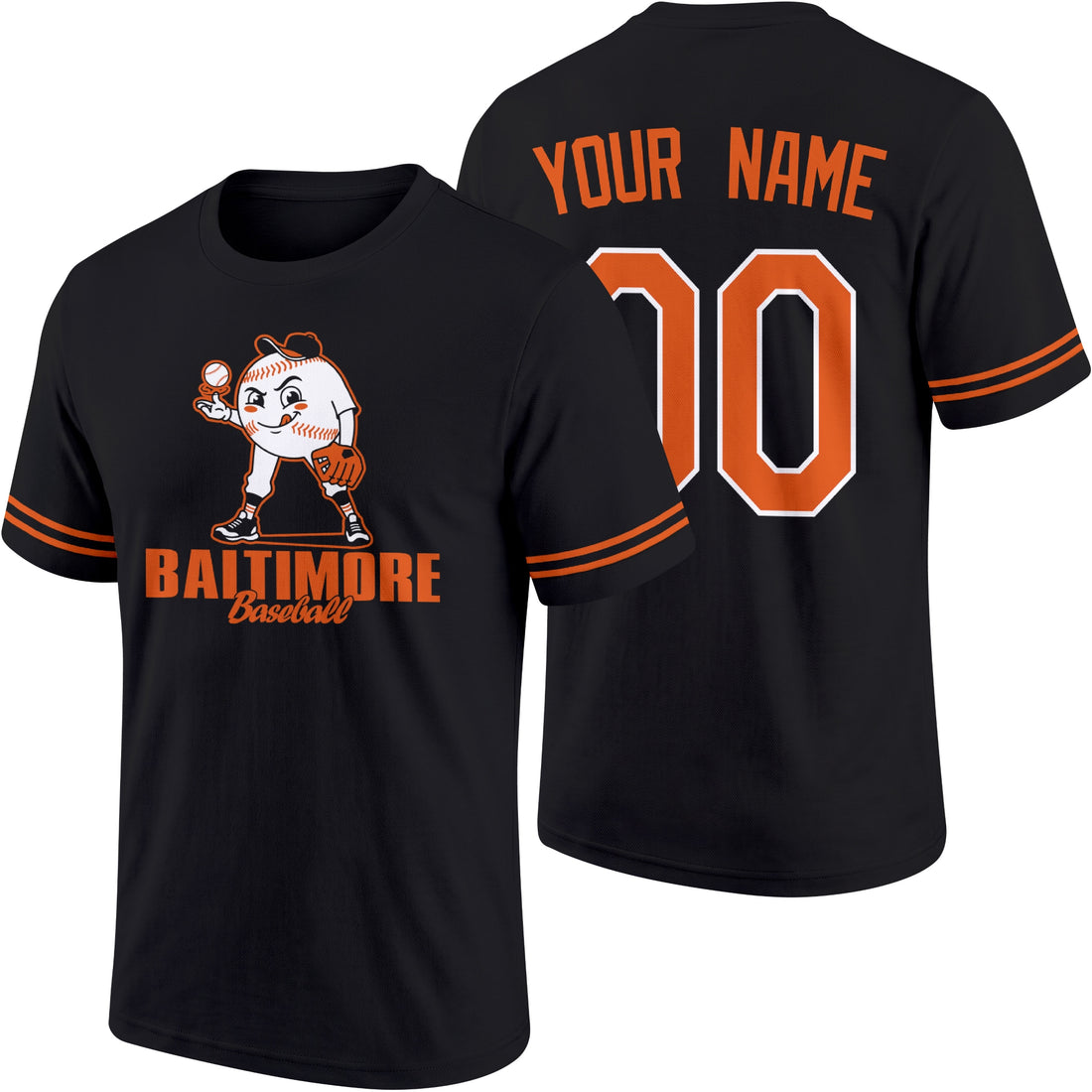 Baltimore personalized adult baseball character T shirt in Black showing front and back with striped sleeves custom name and number