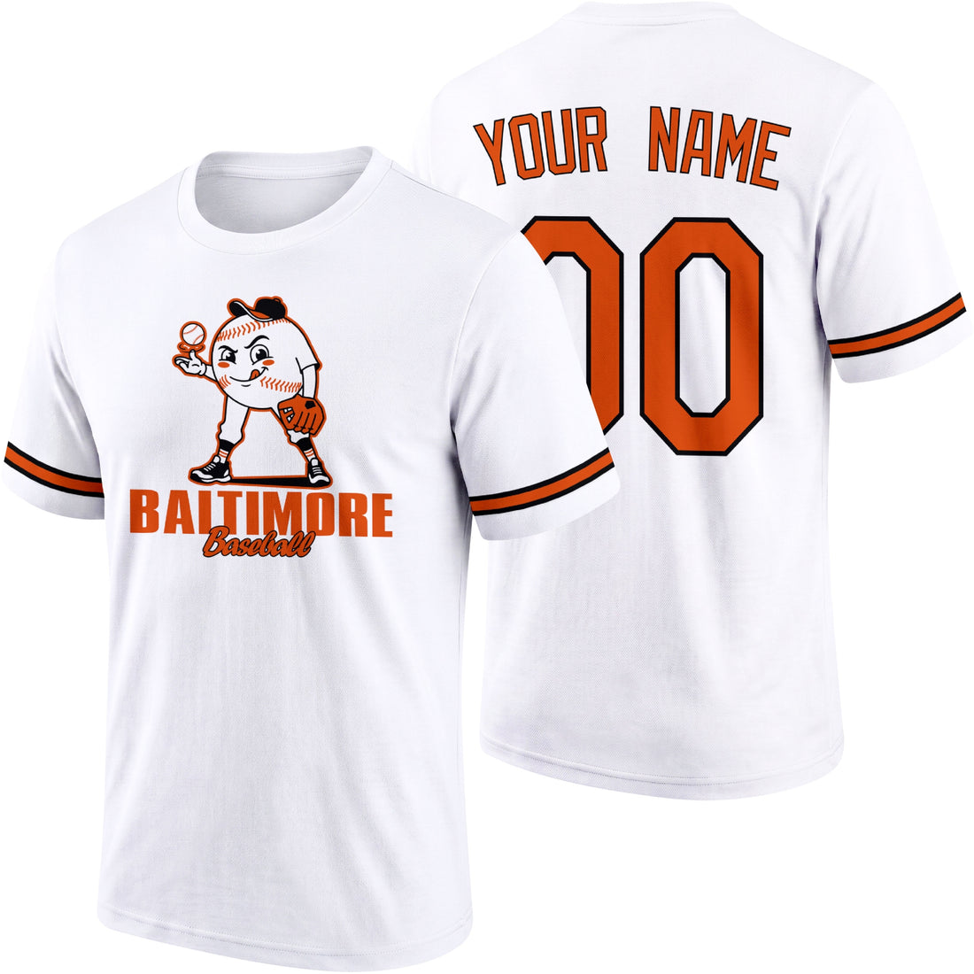 Baltimore personalized adult baseball character T shirt in Black showing front and back with striped sleeves custom name and number