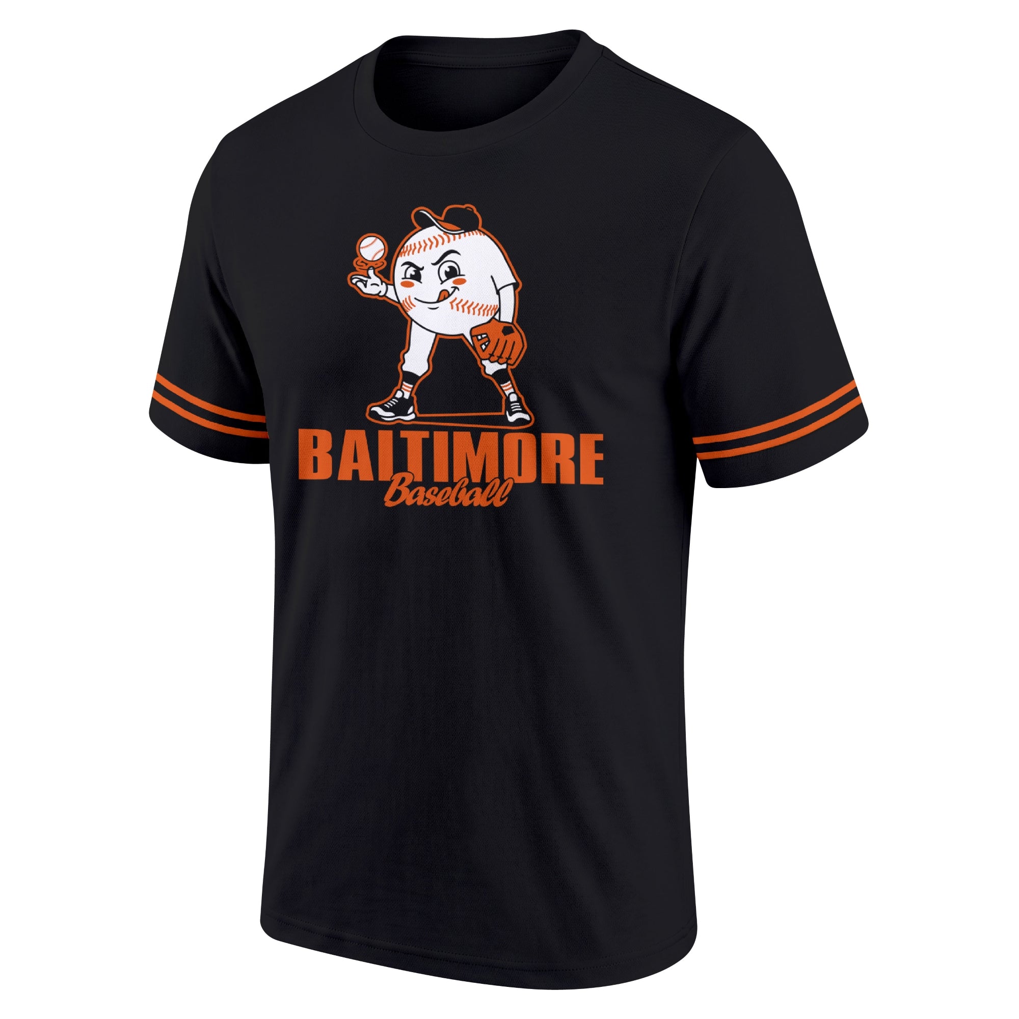 Baltimore Black adult baseball T shirt front view with playful baseball character city lettering and striped sleeve accents