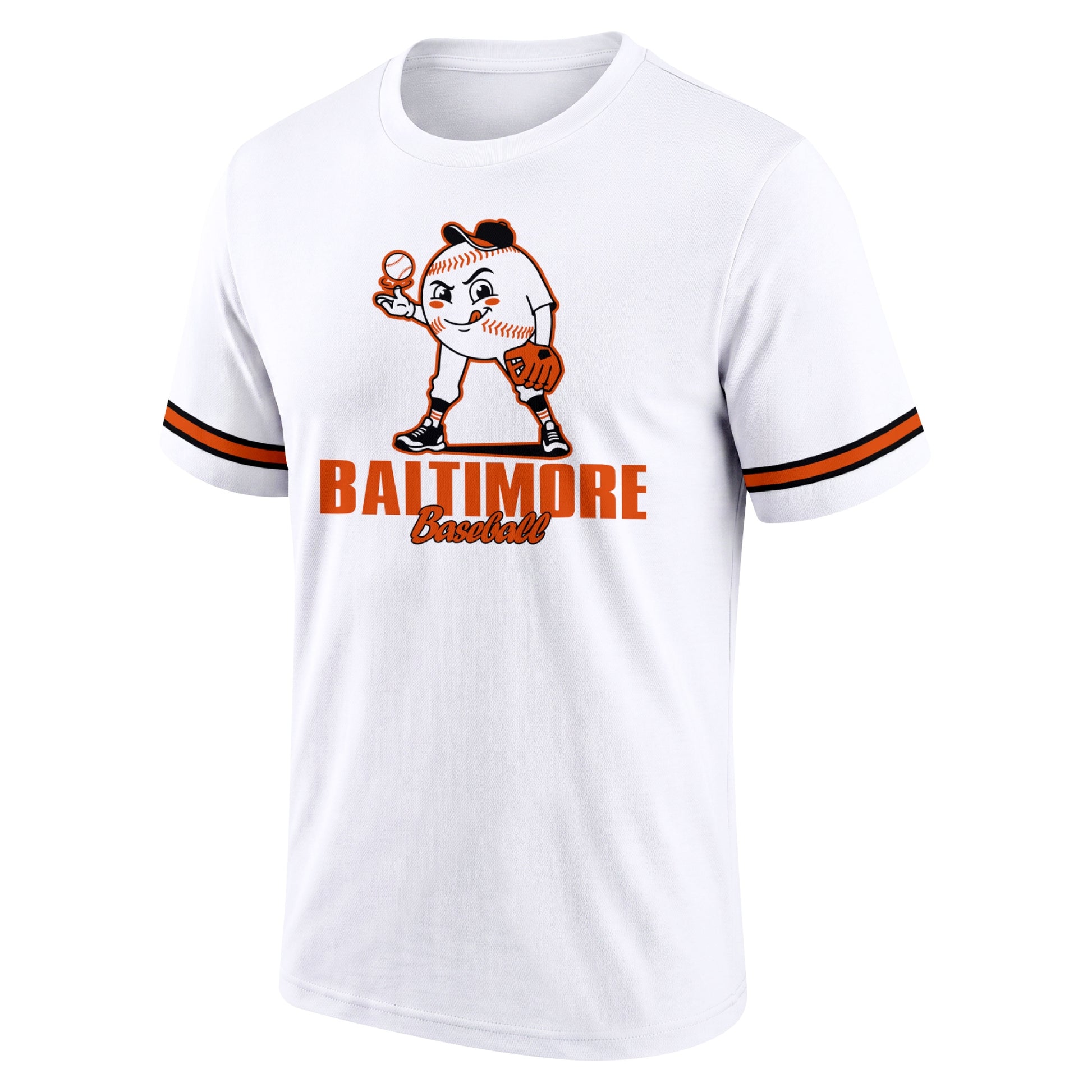 Baltimore White adult baseball T shirt front view with playful baseball character city lettering and striped sleeve accents