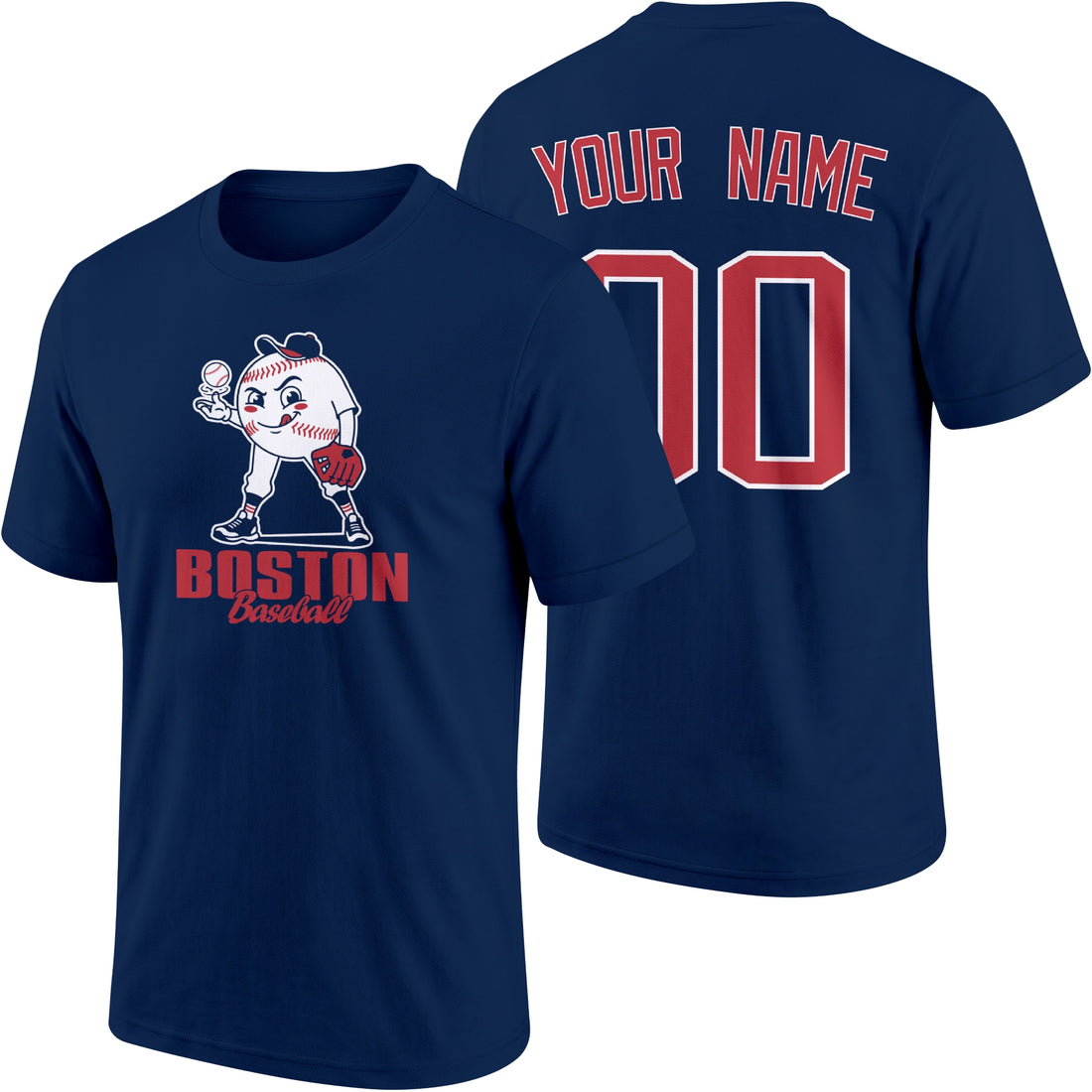 Boston personalized adult baseball character T shirt in Navy showing front and back with striped sleeves custom name and number