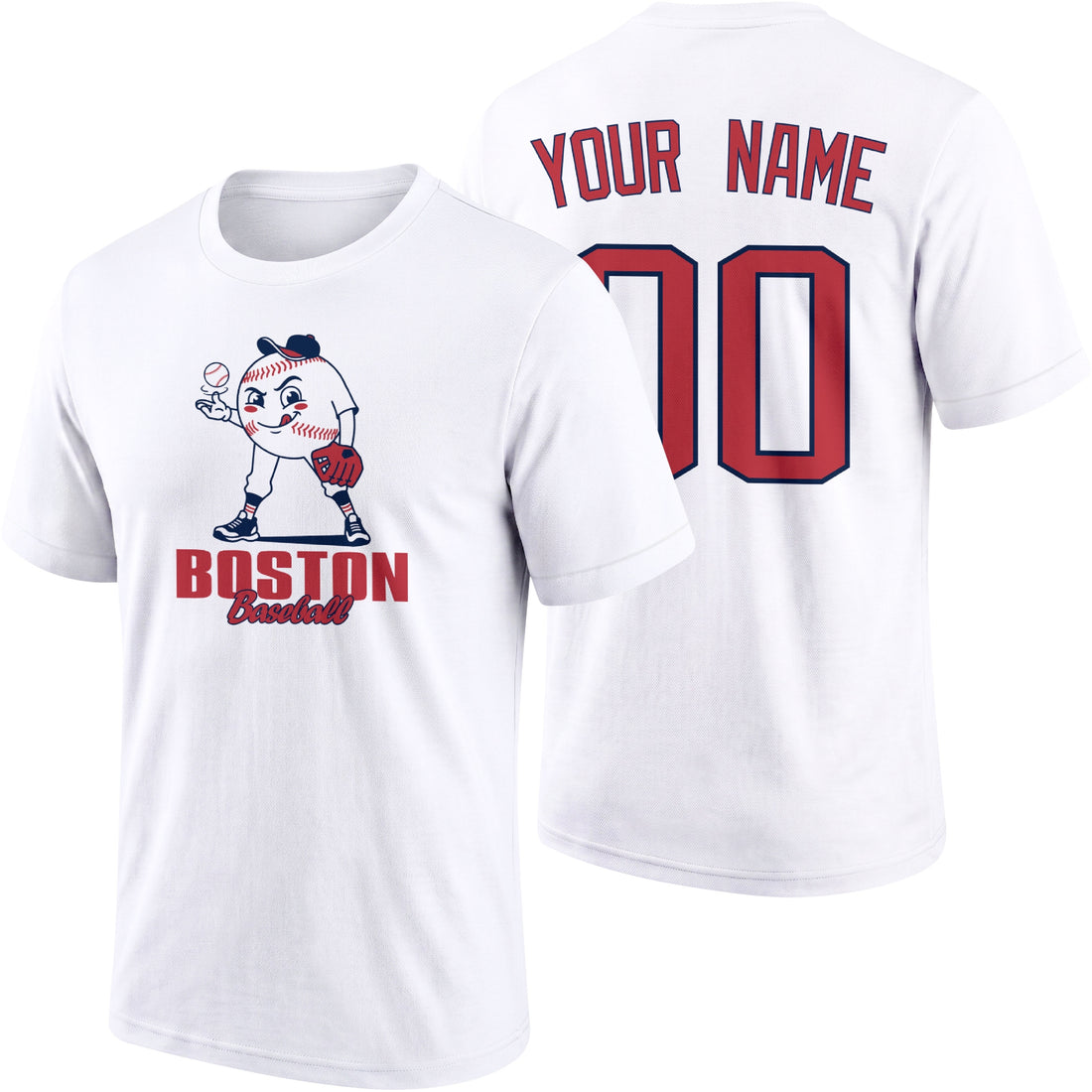 Boston personalized adult baseball character T shirt in Navy showing front and back with striped sleeves custom name and number